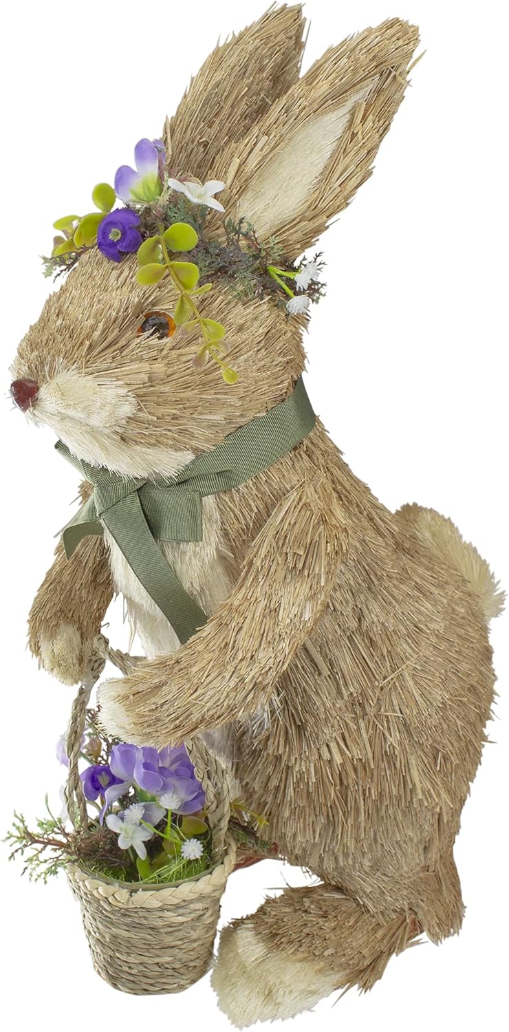 Northlight Standing Sisal Easter Bunny Rabbit with Flower Crown and Basket Decoration - 15"