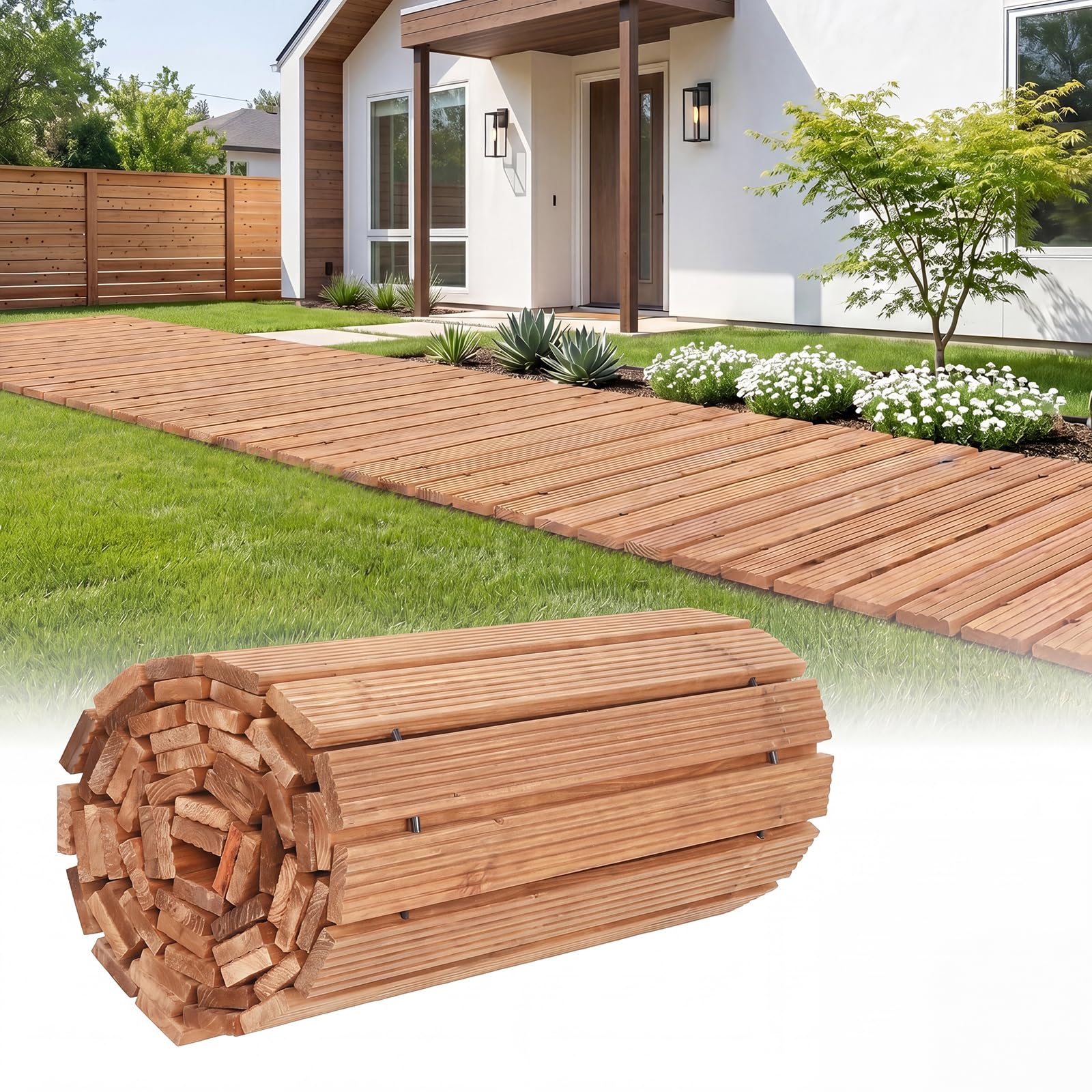 GYMAX 367 cm Rollweg, Holzpfad ausrollbar mit Rutschfester Oberfläche, wetterfester Gartentritt, tragbarer Gartenweg für Garten, Rasen, Strand, Hochzeit, Party (Natur)
