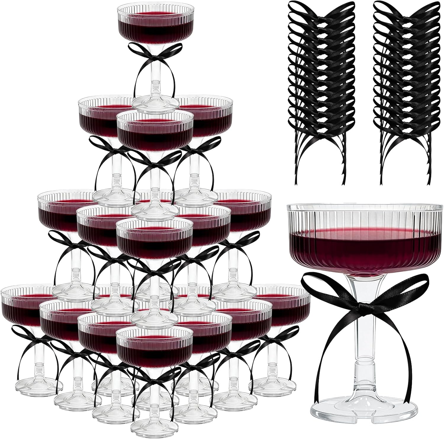 20 Pcs Food Grade Acrylic Champagne Tower Set with 25 Bows - Unbreakable Reusable Champagne Flutes for Wedding, Birthday, Party, Halloween & Retro Parties Clear-Black
