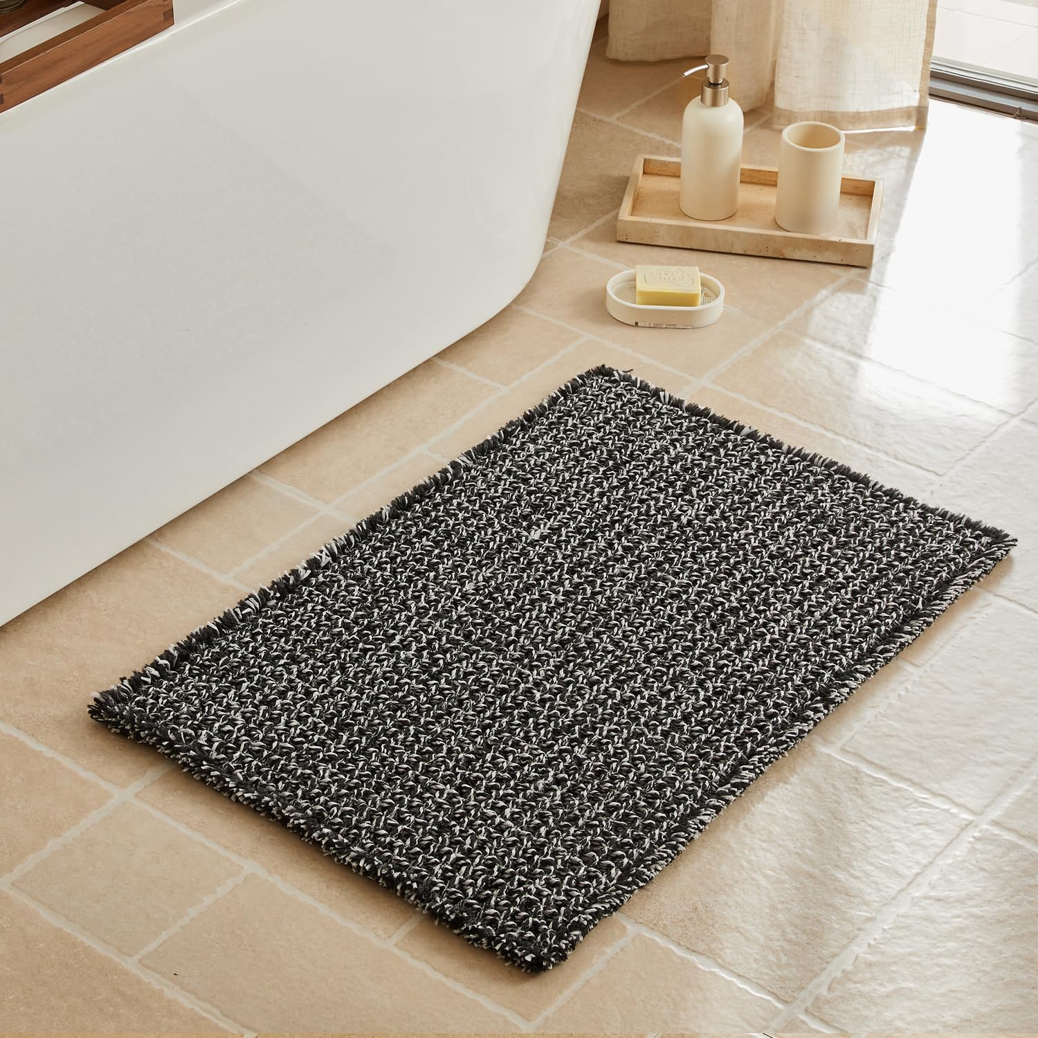 Triohero Waffle Bath Mat, Boho Bathroom Rugs Non Slip Washable, Ultra Soft Super Absorbent Quick Dry Farmhouse Bathroom Decor, 20" x 30", Black &