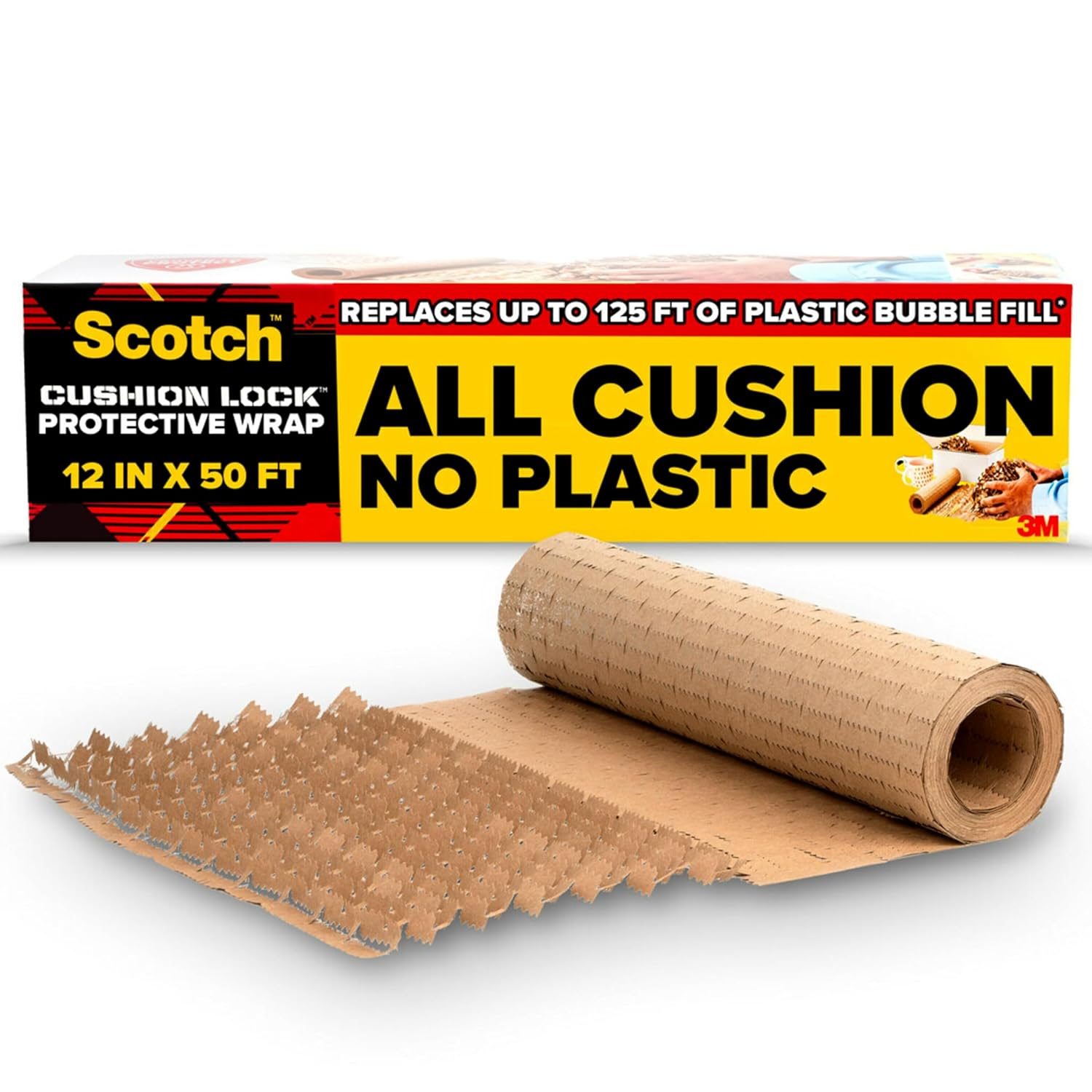 Scotch Cushion Lock Protective Wrap, 12 in x 50 ft, Sustainable Packaging Solution for Packing, Shipping and Moving, No Scissors or Tape Needed, Great Alternative to Bubble Cushion Wrap (PCW-1250) 50 Foot Roll