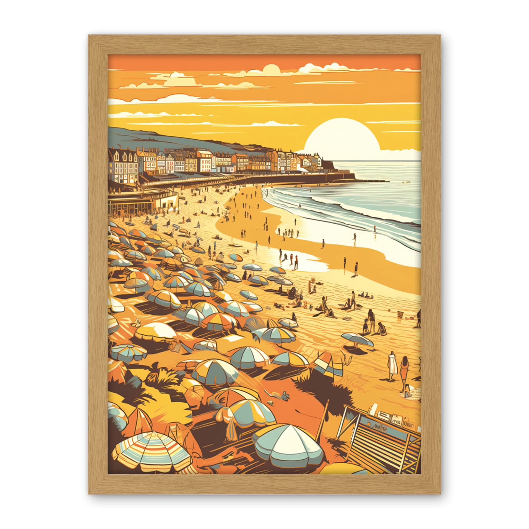 Artery8 Summer Sunset at Busy Sandy Promenade Beach Artwork Framed Wall Art Print 18X24 Inch
