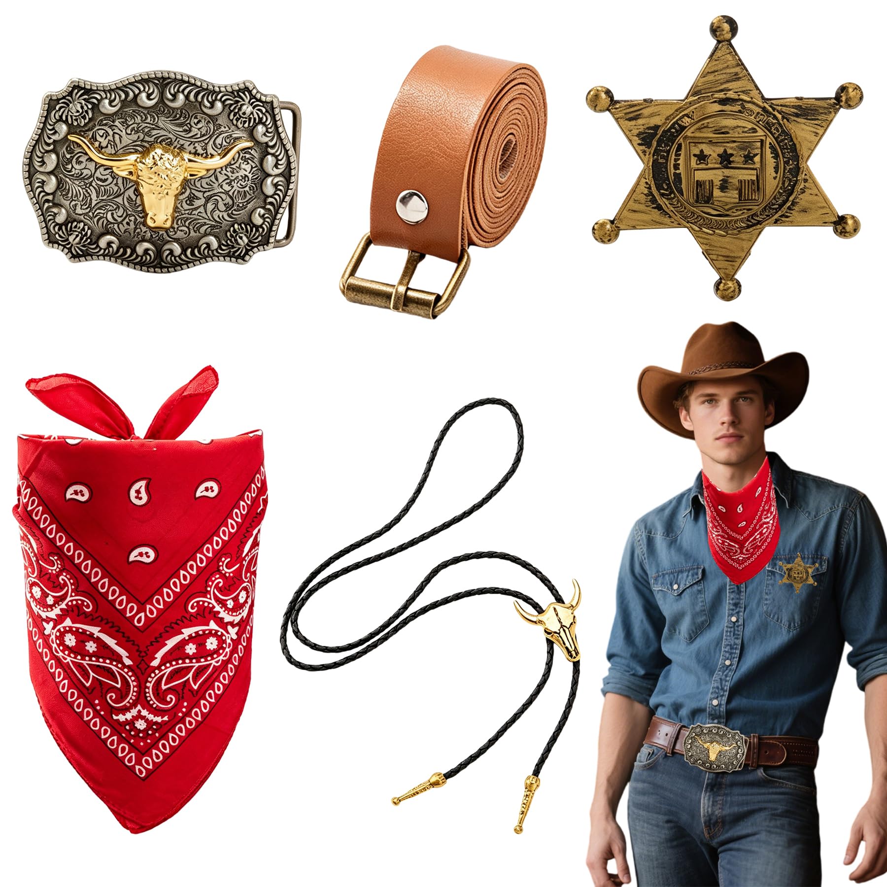 Wasise Cowboy Accessories Set for Men – 5PCS Vintage Western Outfit