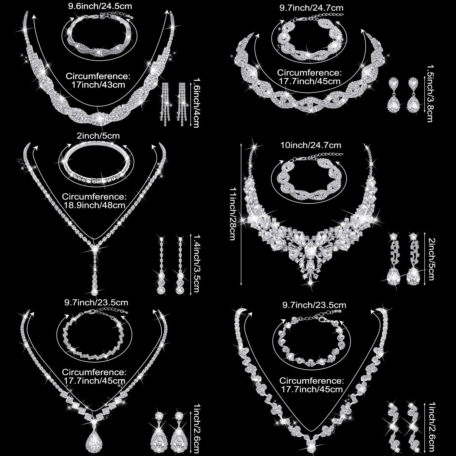 Set di 6 gioielli da damigella d'onore per matrimonio argento cristallo strass collana orecchini braccialetto per le donne gioielli da sposa