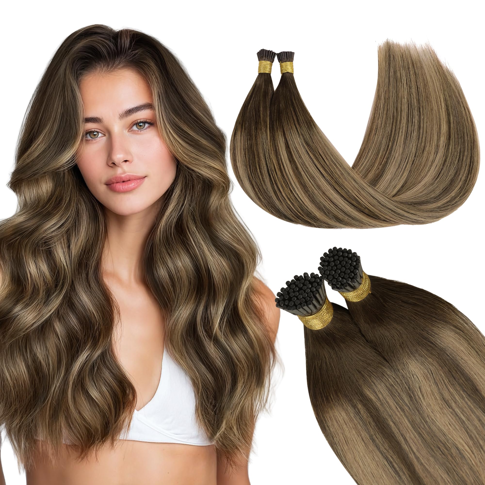GOO GOO I Tip Hair Extensions, Real Human Hair, 22inch 100g 100S, Cold Fusion I Tip, Invisible Remy, 4/27/4 Balayage Chocolate Brown to Caramel Blonde