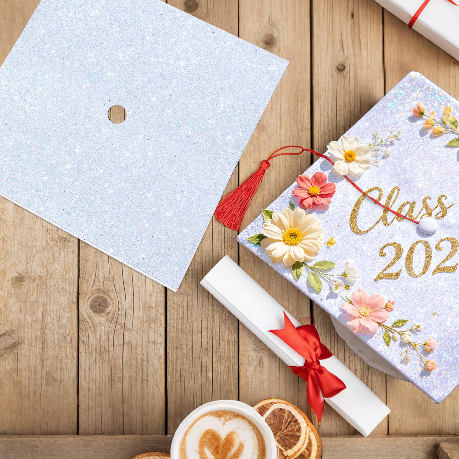 6 Sheets Graduation Cap Decoration Blank Grad Cap Topper Self-Adhesive Glitter Grad Hat Topper Cover Decor for 2026 DIY Graduation Cap Decoration, White — view 4