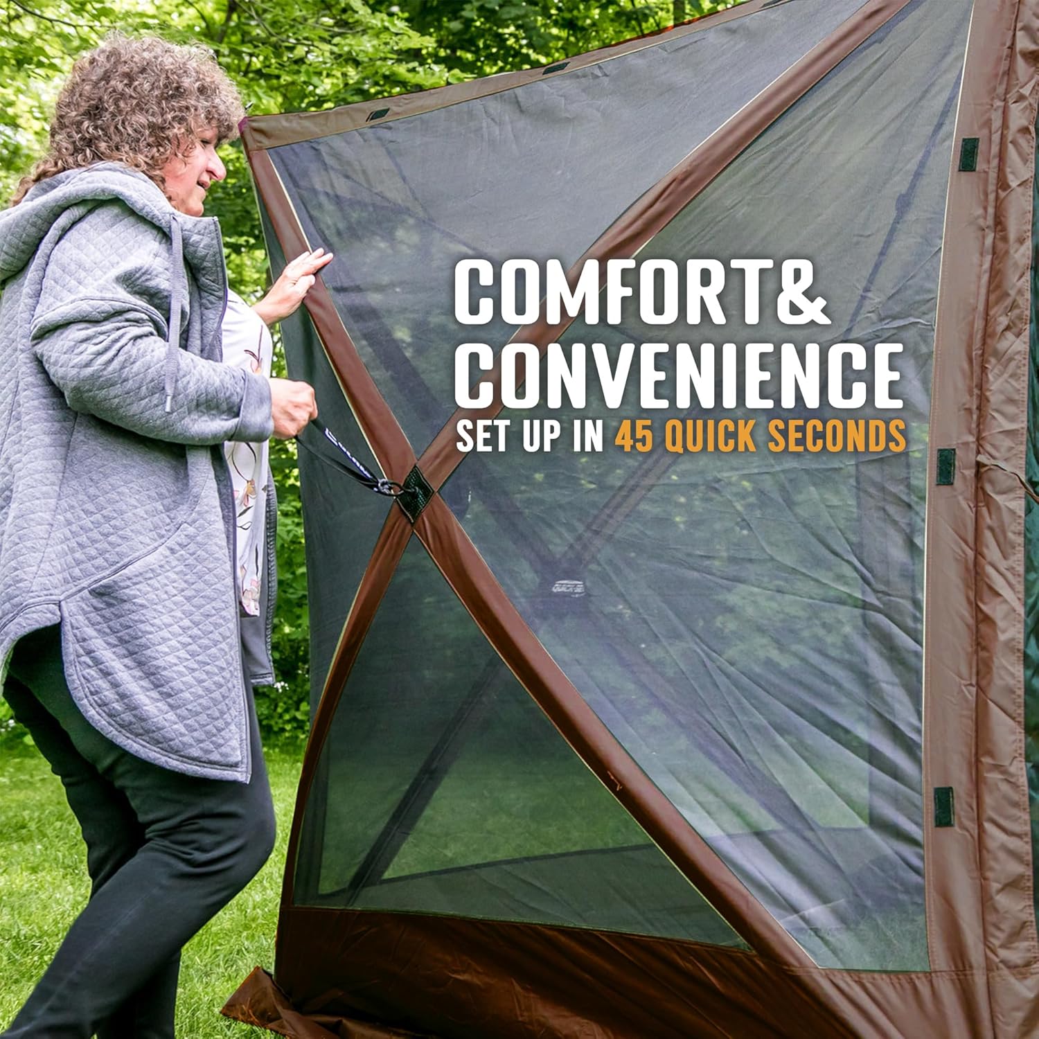 CLAM Quick-Set Pop Up Screen Tent, Adventure with Wind Panels, 9 x 9 ft, Instant Setup Outdoor Gazebo Canopy Shelter, 4-Person Bug-Free Camping Tent for Patio, Backyard, Tailgating – Brown