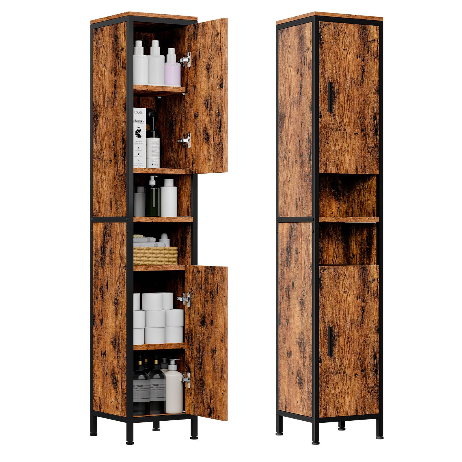 ELUCHANG Mueble Baño,Columna Estrecho,Armario baño Alto con 4 Puertas,Estantes Ajustables,Mueble Auxiliar baño Compartimentos Abiertos,para Espacios Pequeños,Cocina, Salón,30X30X174,Vintage+Negro