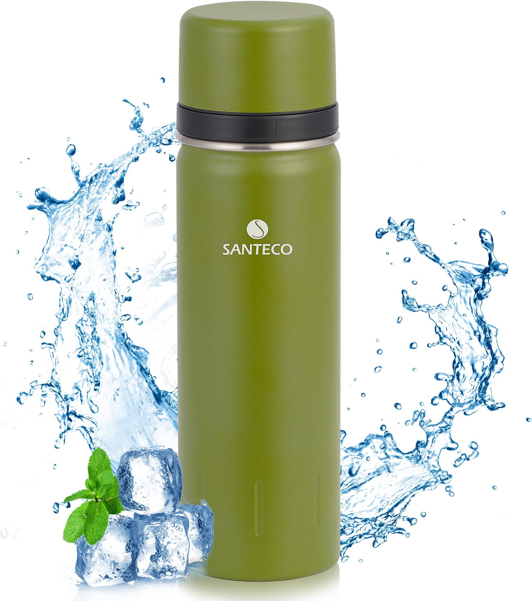 SANTECO Vacuum Flask 1L, Stainless Steel Insulated Water Bottle with 2 Cups Double Walled Travel Metal Coffee Flask for 12hrs Hot/24hrs Cold Drinks - Leakproof Lid Serves As A Cup 1000ml