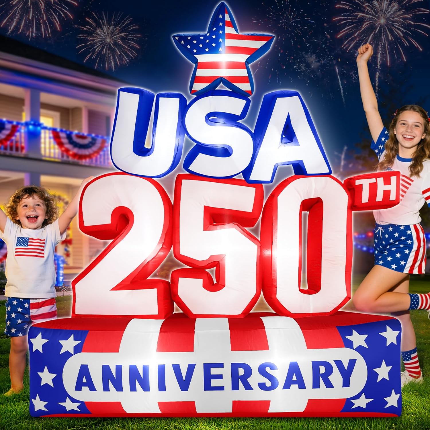 6FT 250th Anniversary 4th of July Inflatables Outdoor Decorations Patriotic Blow Up Yard Decorations with LED Lights Fourth of July Memorial Independence Day Party Garden Holiday Outside Decor