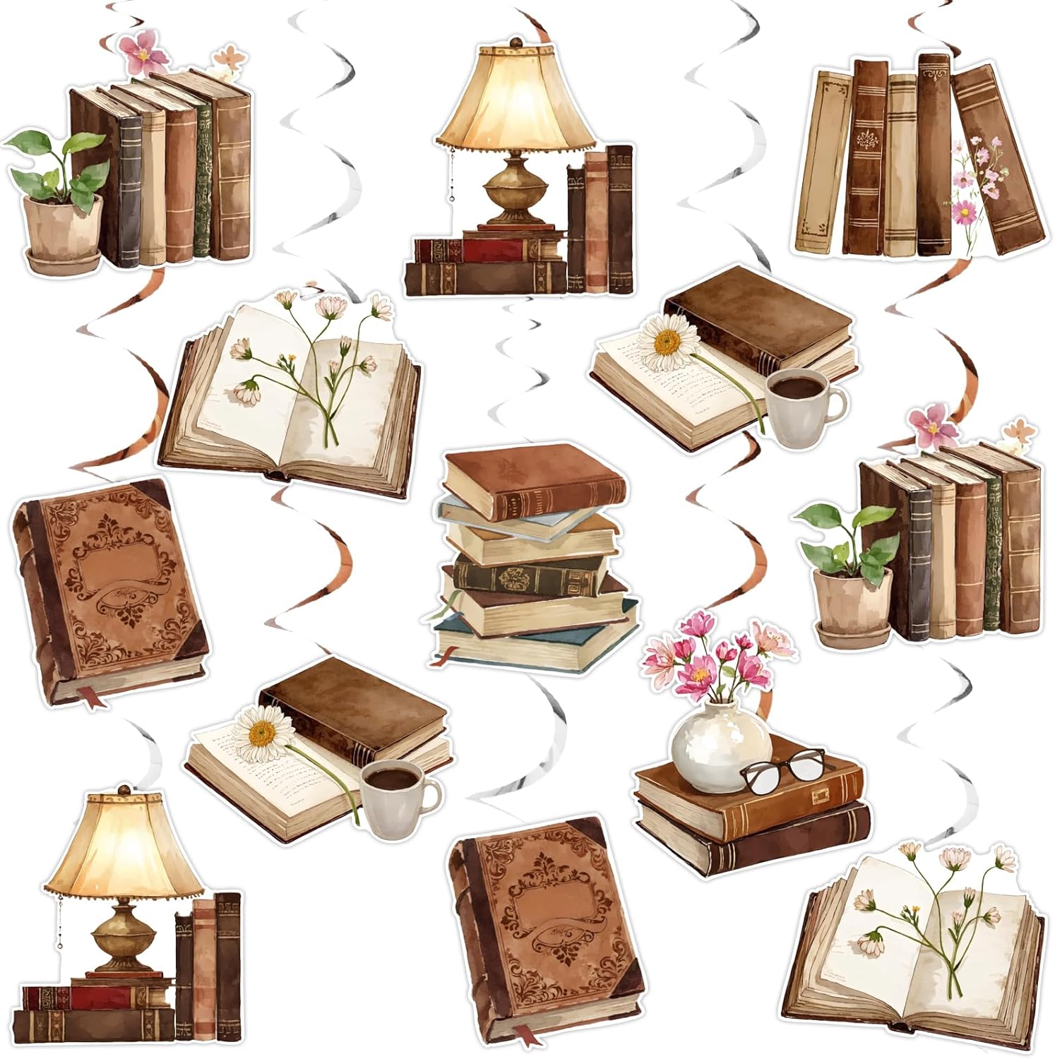 24Pcs Vintage Brown Book Hanging Swirls Decorations - Storybook Reading Club Double Sided Ceiling Spiral Streamers, Library Chapter Theme Birthday Baby Bridal Shower Wedding Party Supplies