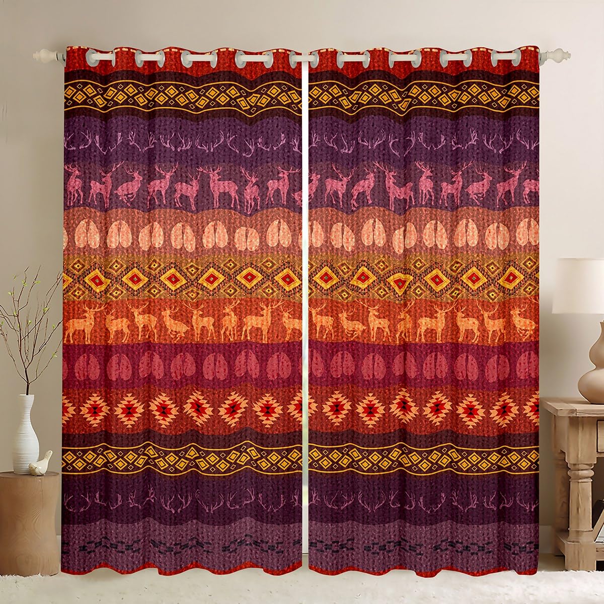 Homemissing Southwestern 30%-50% Blackout Curtains Deer Curtains for Bedroom Living Room for Children Tribal Print Window Drapes Farmhouse Red Purple Window Treatments W52*L63