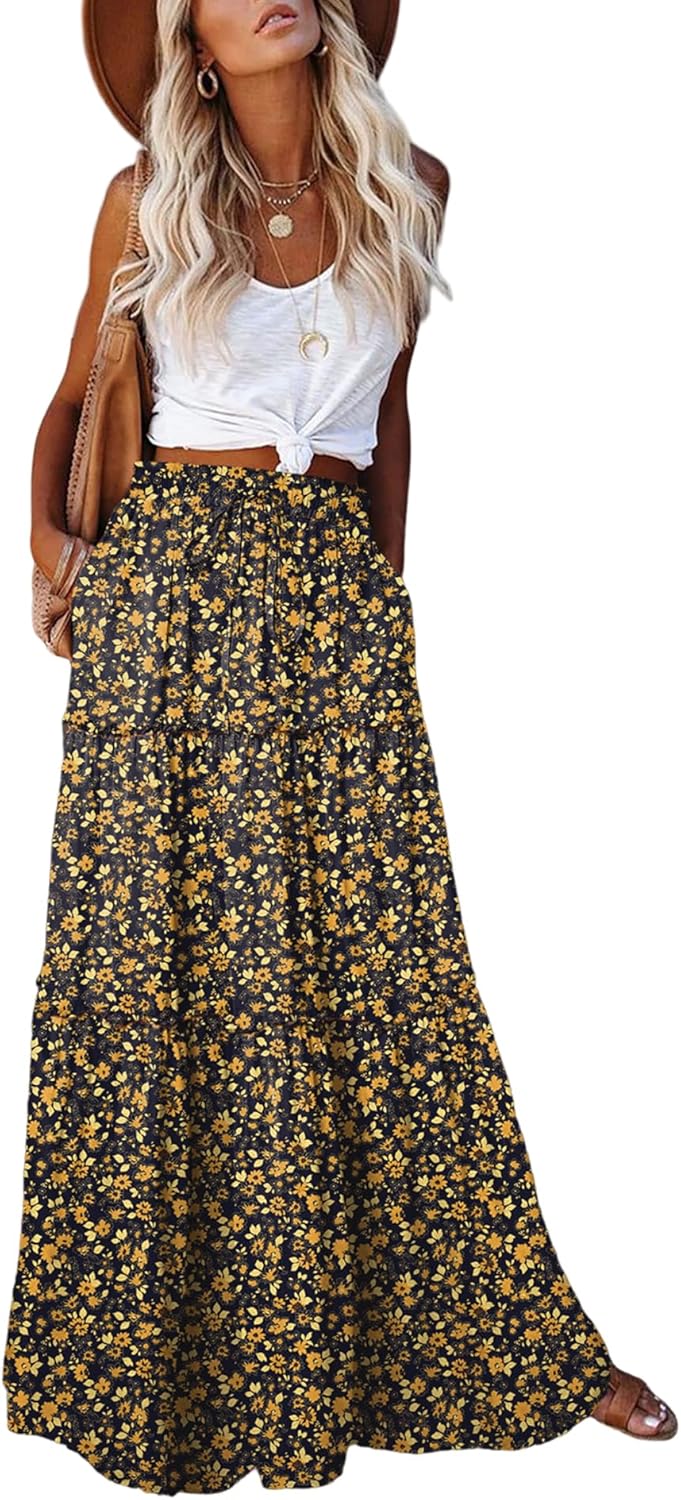 EARKOHA Womens Casual High Waist Tie Paisley Print Long Maxi Skirt with Pockets