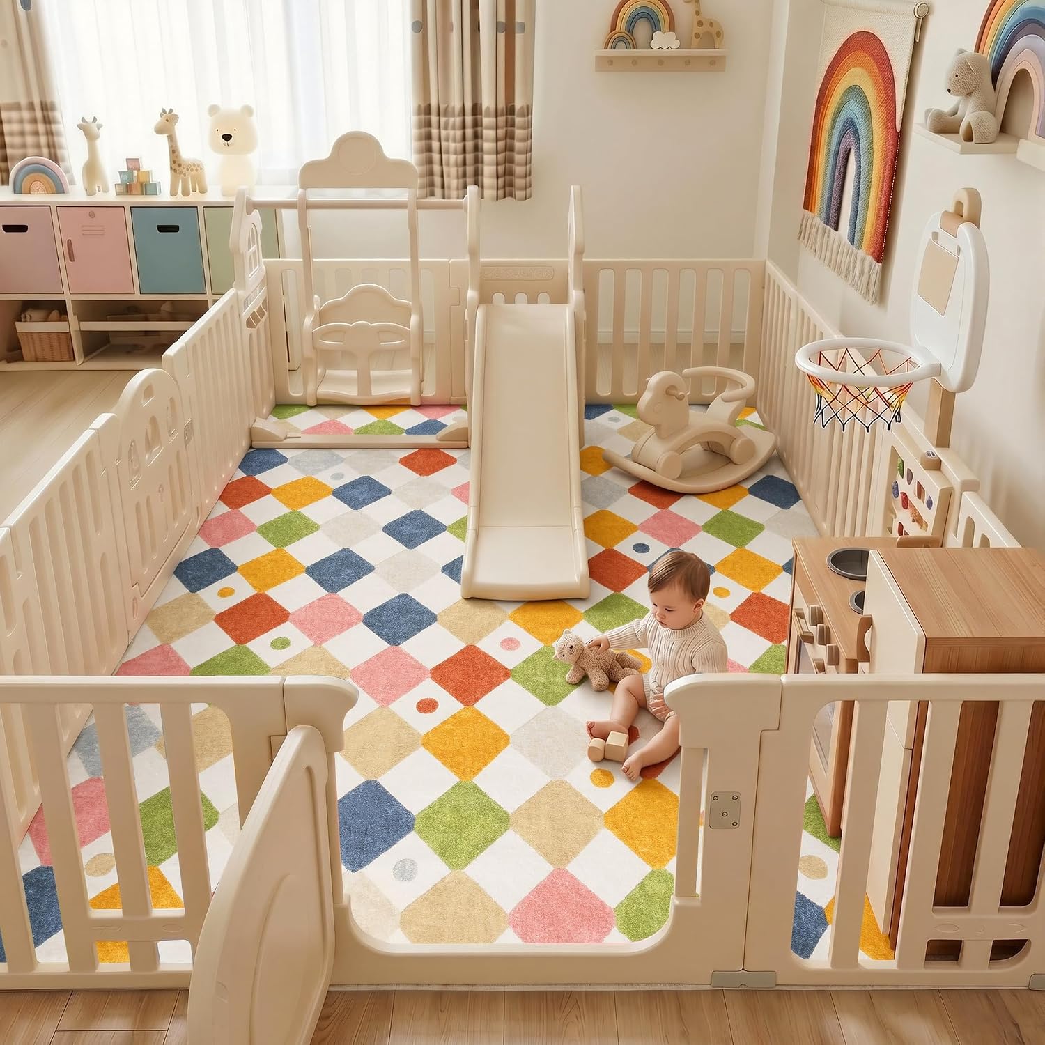 jinchan Macy 8x10 Kids Area Rug for Classroom Modern Colorful Nursery Rug Checkered Diamond Play Mat Washable Soft Non Slip Carpet for Playroom Living Room Bedroom Daycare Circus on Cream