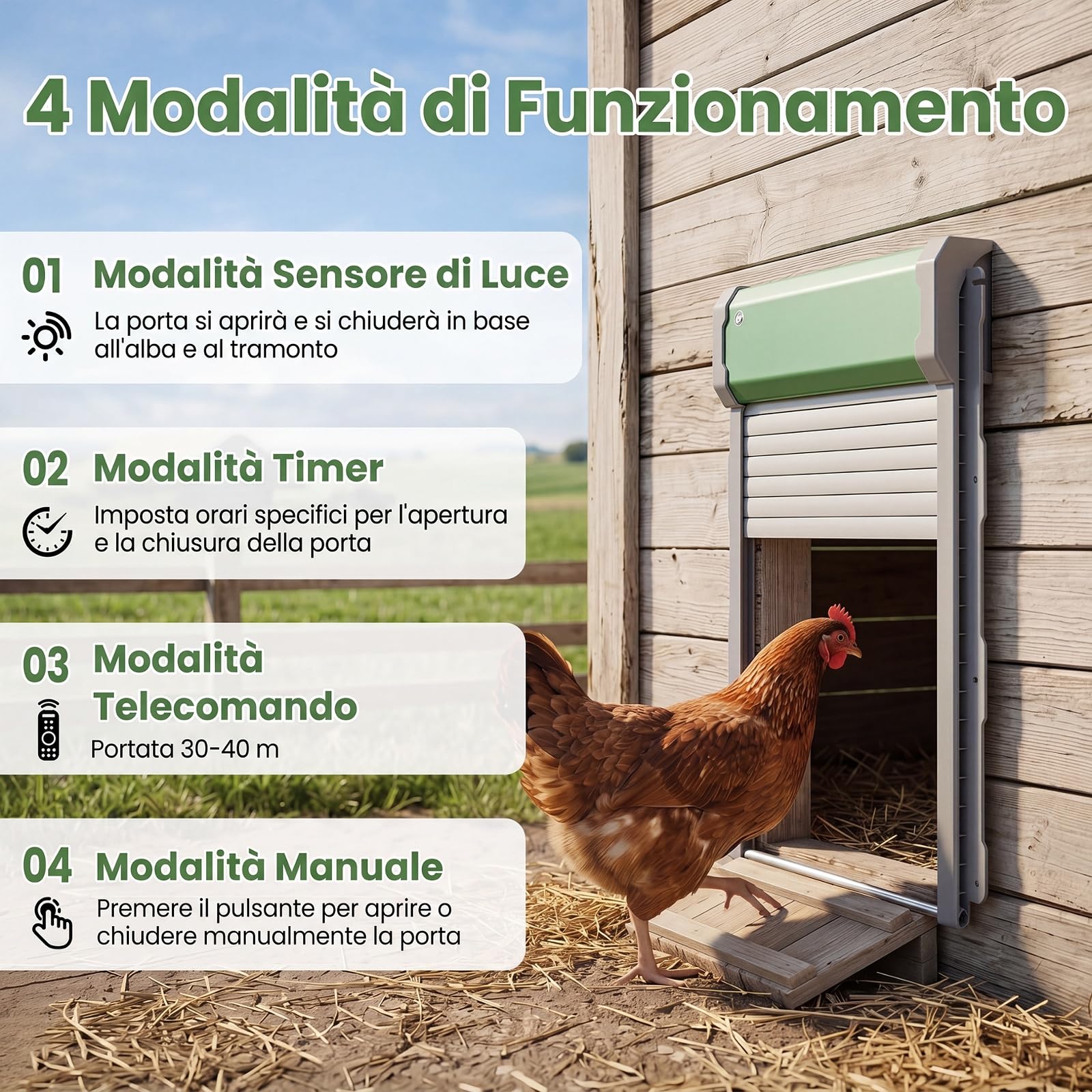 COSTWAY Porta Automatica per Pollaio, Alimentazione Solare e USB, Porta Anti-Pizzicamento per Galline con Sensore di Luce, Timer, Telecomando e Modalità Manuale, Ideale per Diversi Pollame