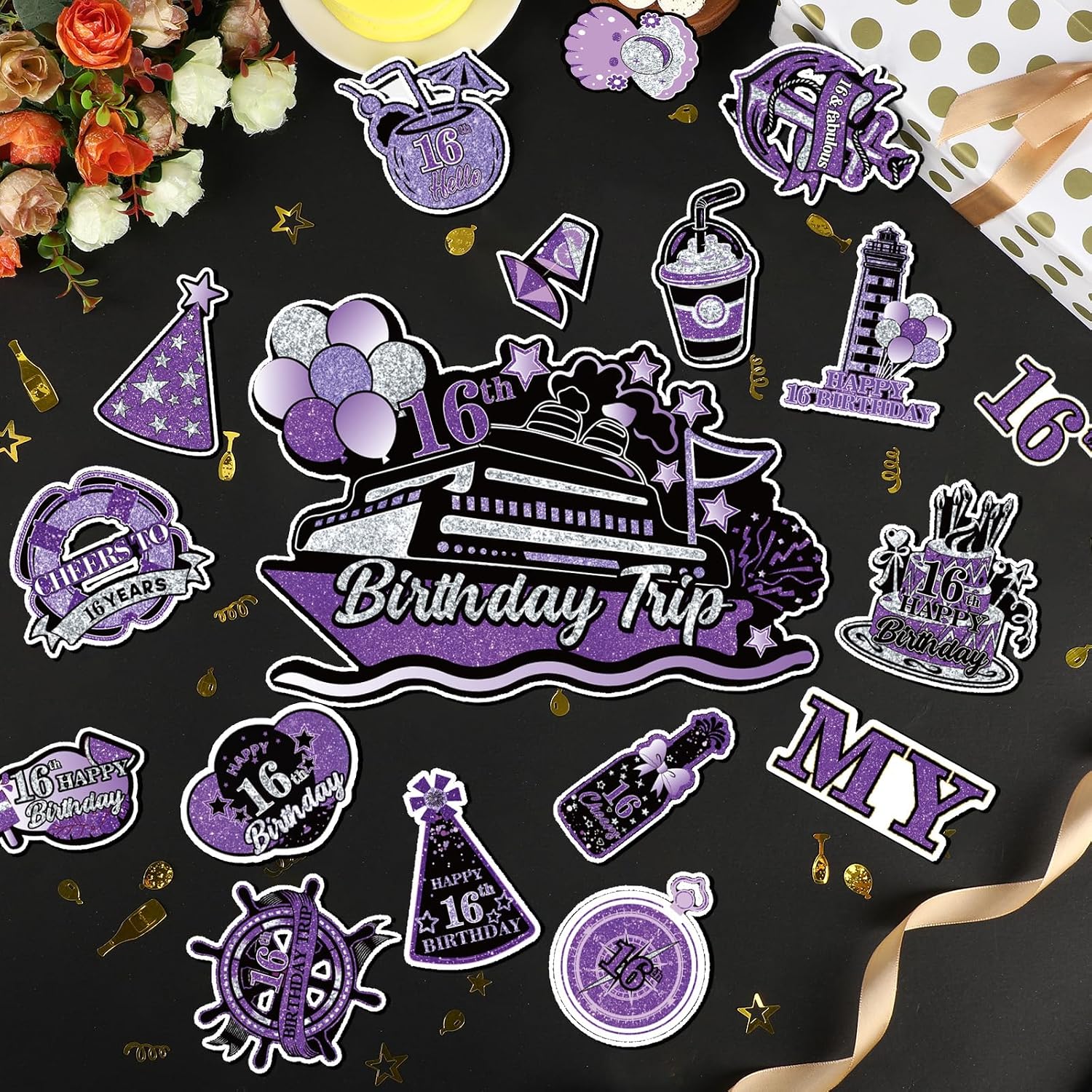 16th Birthday Cruise Door Magnets Decorations,Purple Silver Black Happy 16th Birthday Cruise Ship Door Decor Magnetic for 16th Girl Boy Anniversary Party Supplies Door Refrigerator Fridge Car Kitchen image 3
