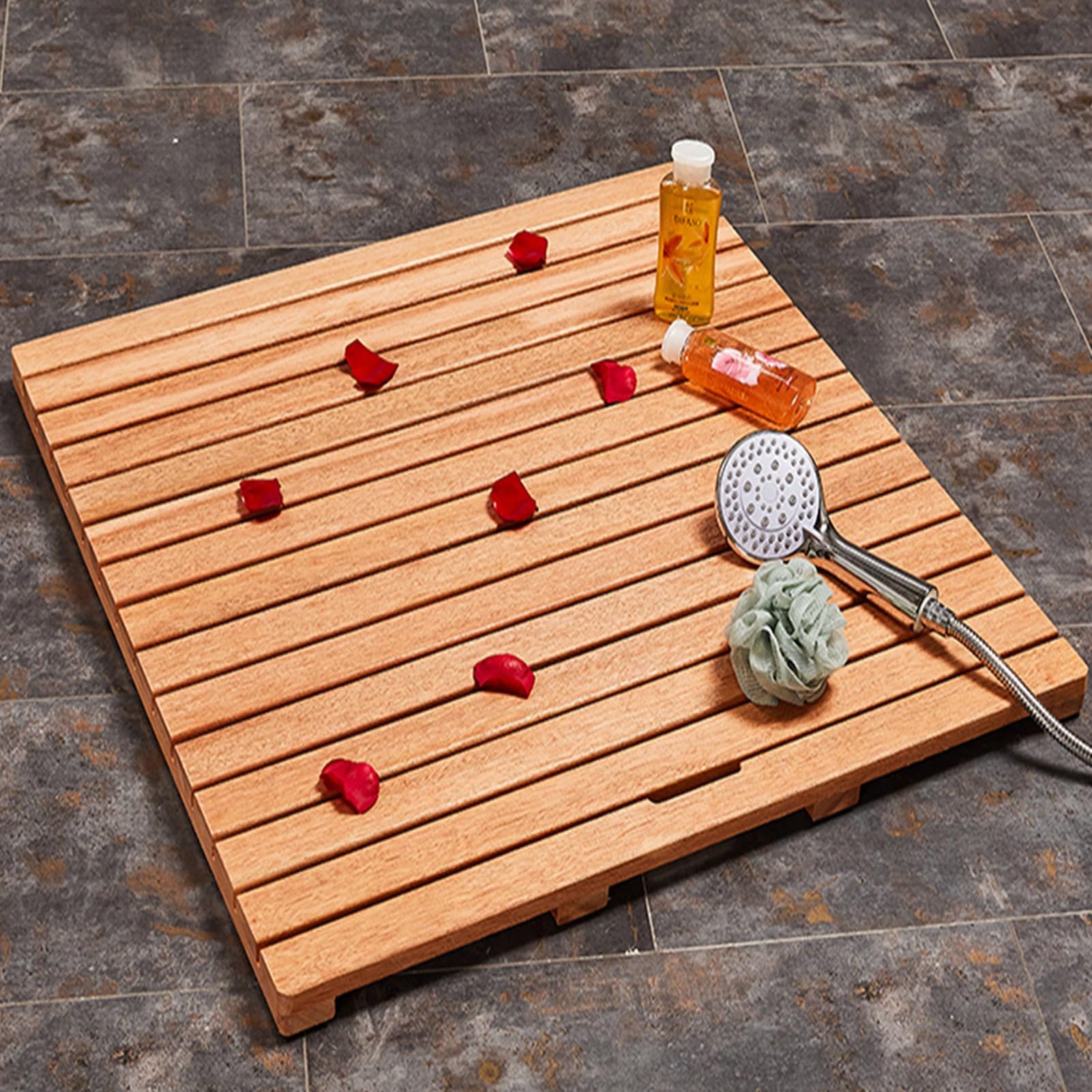 ALDNMBR Large Square Non Slip Teak Shower Mat With Drain Hole, Elevated Slatted Waterproof Wooden Bath Mat, Heavy Duty Solid Wood Platform For Bathroom Spa Pool One Color 40x40cm/15.7x15.7in