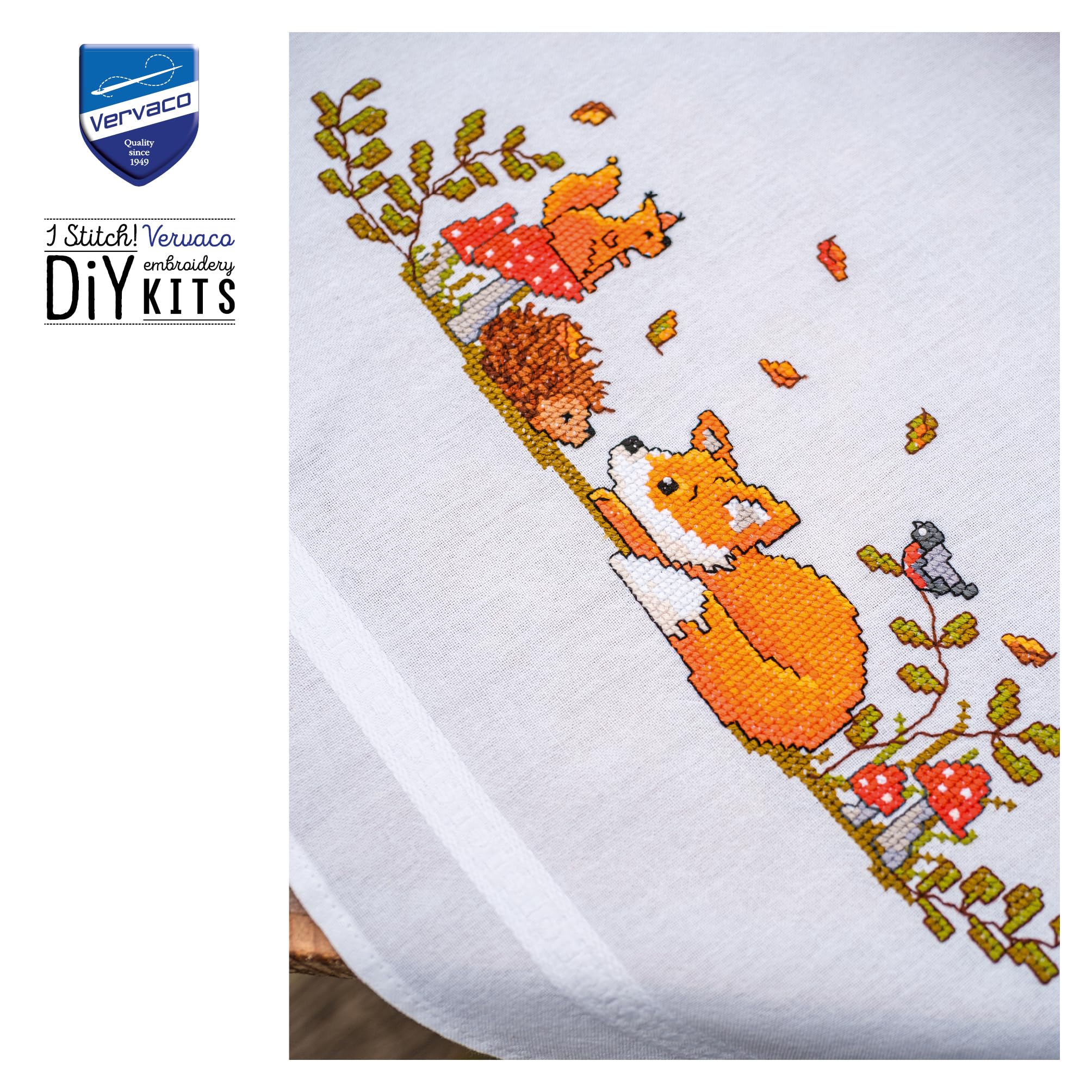 Vervaco Mantel Para Bordar Punto De Cruz Completo Bordado Tela Impresa Bosque de otoño Decoracion Para Manualidades DIY Adultos Set Ocio Creativo Regalo 80 x 80 cm Cross Stitch Embroidery