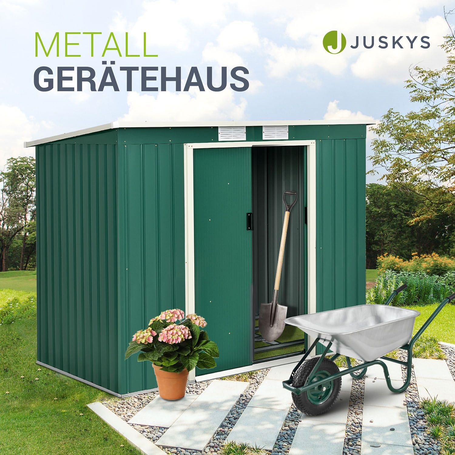 Juskys Domek narzędziowy M metalowy 4 m³ z jednospadowym dachem, drzwiami przesuwnymi i fundamentem - 213 × 130 × 173 cm - zielony - szopa na narzędzia ze stali