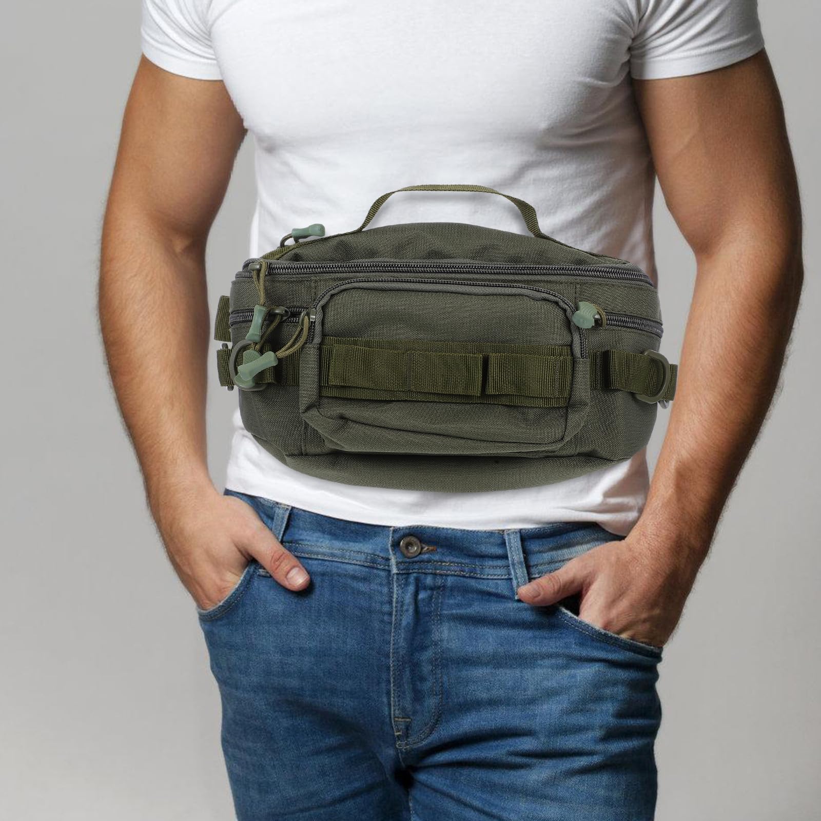 Healeved Riñonera Multifuncional para Hombre Pequeña y Ligera con Bolsillo para Botella de Agua Resistente Poliéster Color Verde Militar Adecuado para Ciclismo Pesca y Senderismo