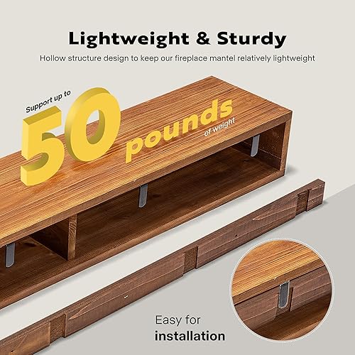 Miniatura 4 de VIVOHOME Mantel de chimenea de 48 pulgadas para montar en la pared, estante flotante de madera de abeto macizo, estructura hueca para sala de estar,