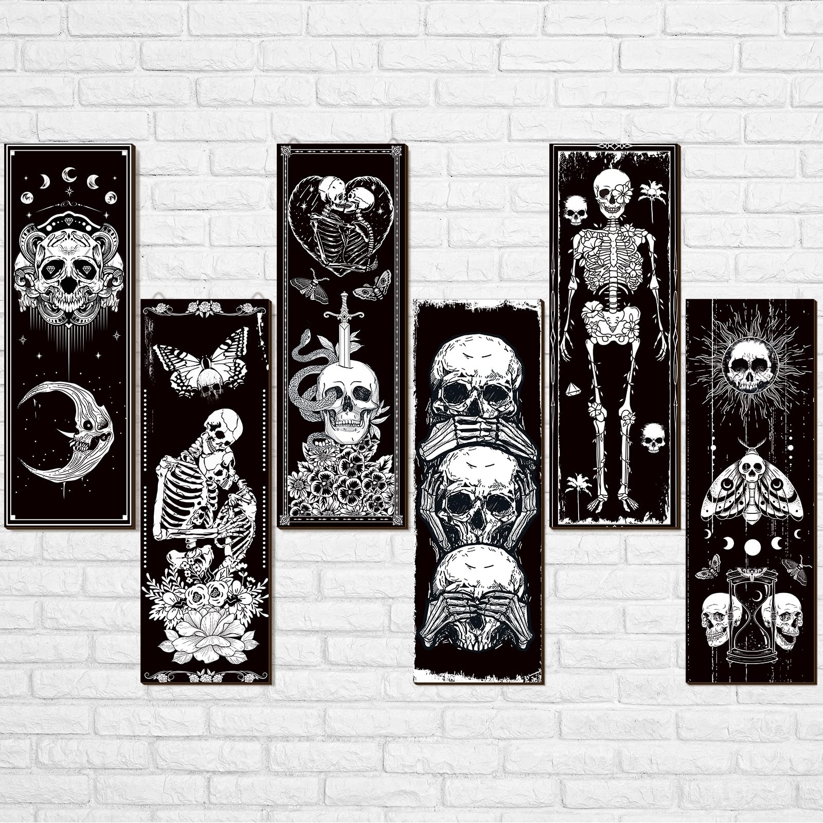 Sintuff 6 Pieces Black Gothic Wall Decor Skull Wall Art Boho Sun Moon Phases Snake Gothic Hanging Wooden Minimalist Skeleton Art Prints Vintage