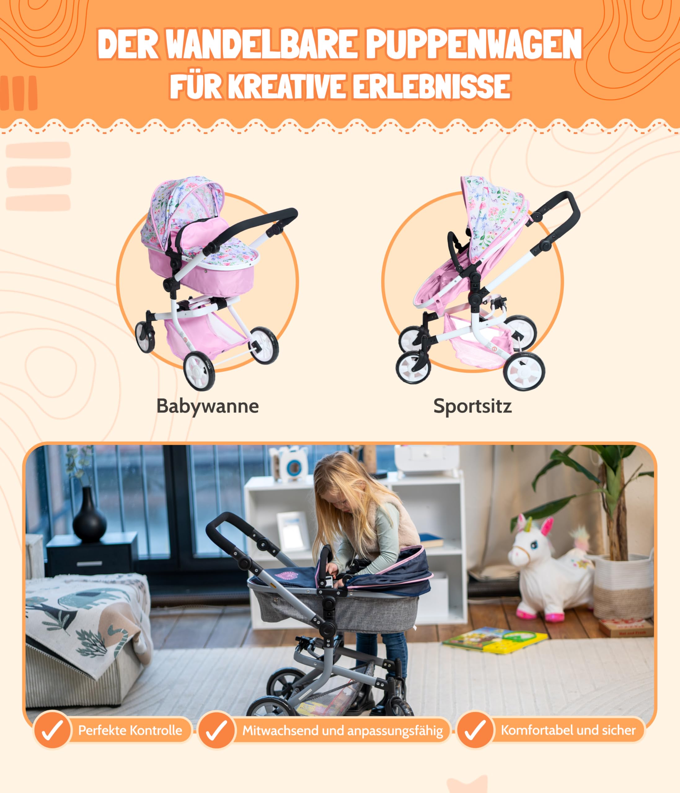 Bayer Chic 2000 Mika wózek dla lalek 2 w 1, różowy, składany, z regulacją wysokości 47-80 cm, nowoczesny stelaż, lalki do 52 cm, 4-8 J.