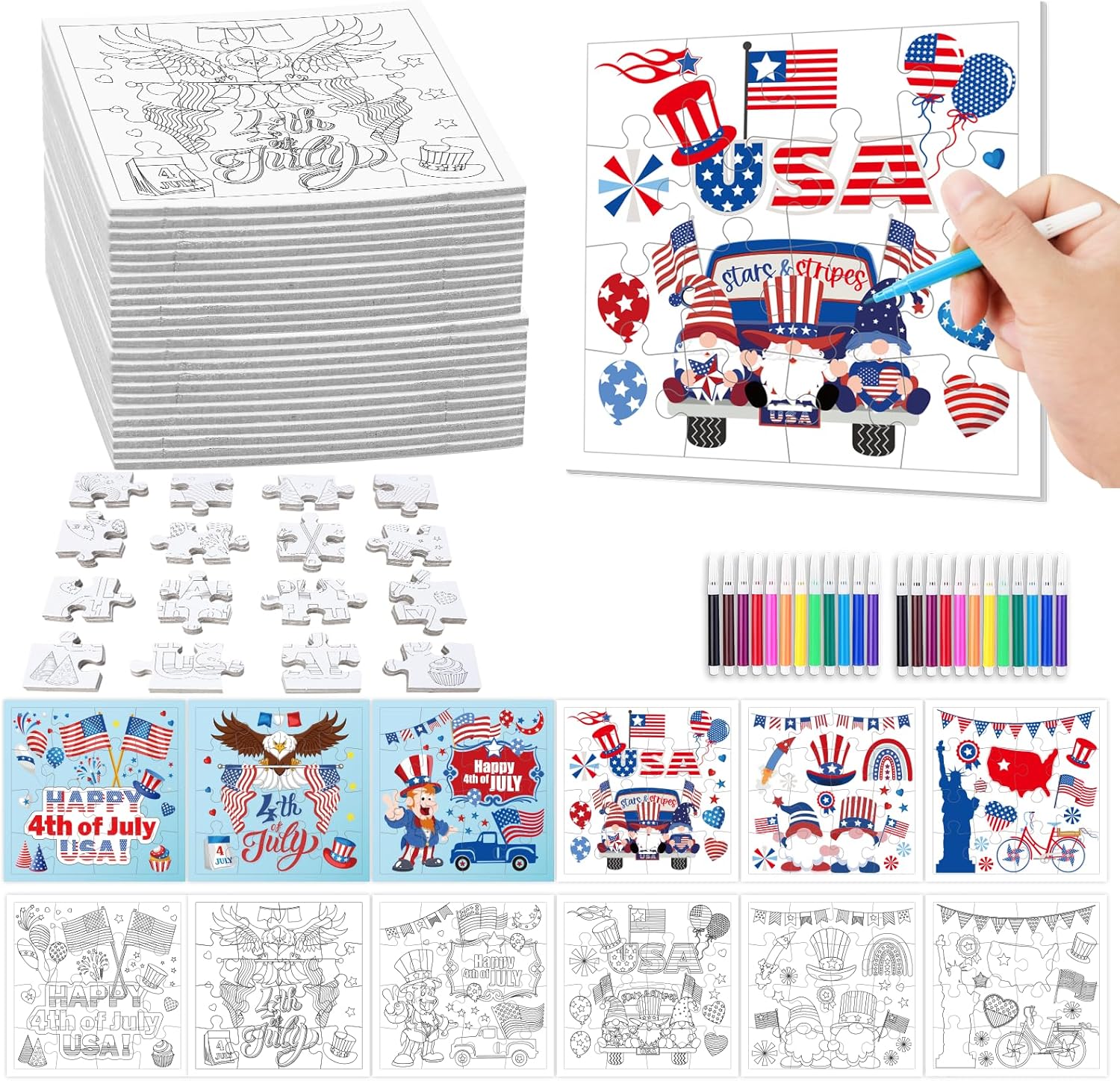 Fennoral 24 Pack 4th of July Craft Kit for Kids Color You Own Cute Animal Patriotic Jigsaw Puzzle DIY Coloring Independence Day Art and Craft for Classroom Activity Party Favor Supplies