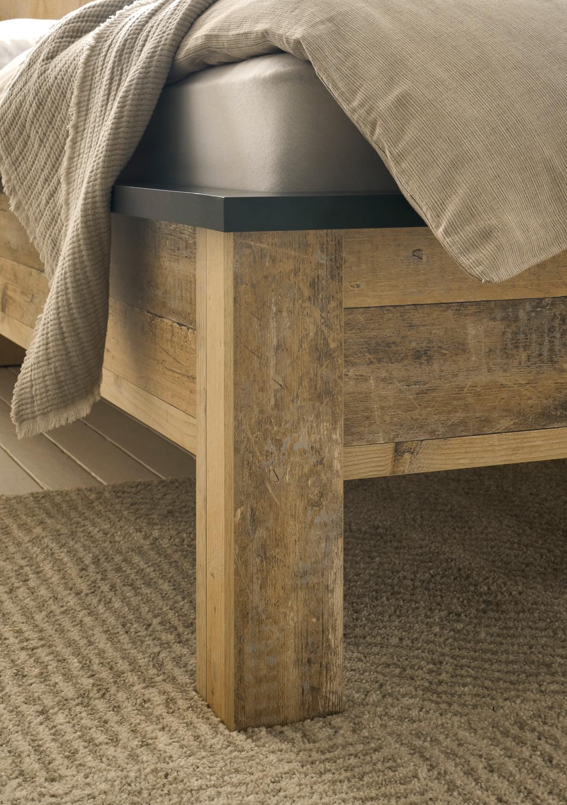 Schlafzimmer Set in Used Wood hell Holz und grau/anthrazit mit Einzelbett Liegefläche 140 x 200 cm und 2X Nachttisch Schlafzimmermöbel Kombination 2-teilig Stove (Set 2)