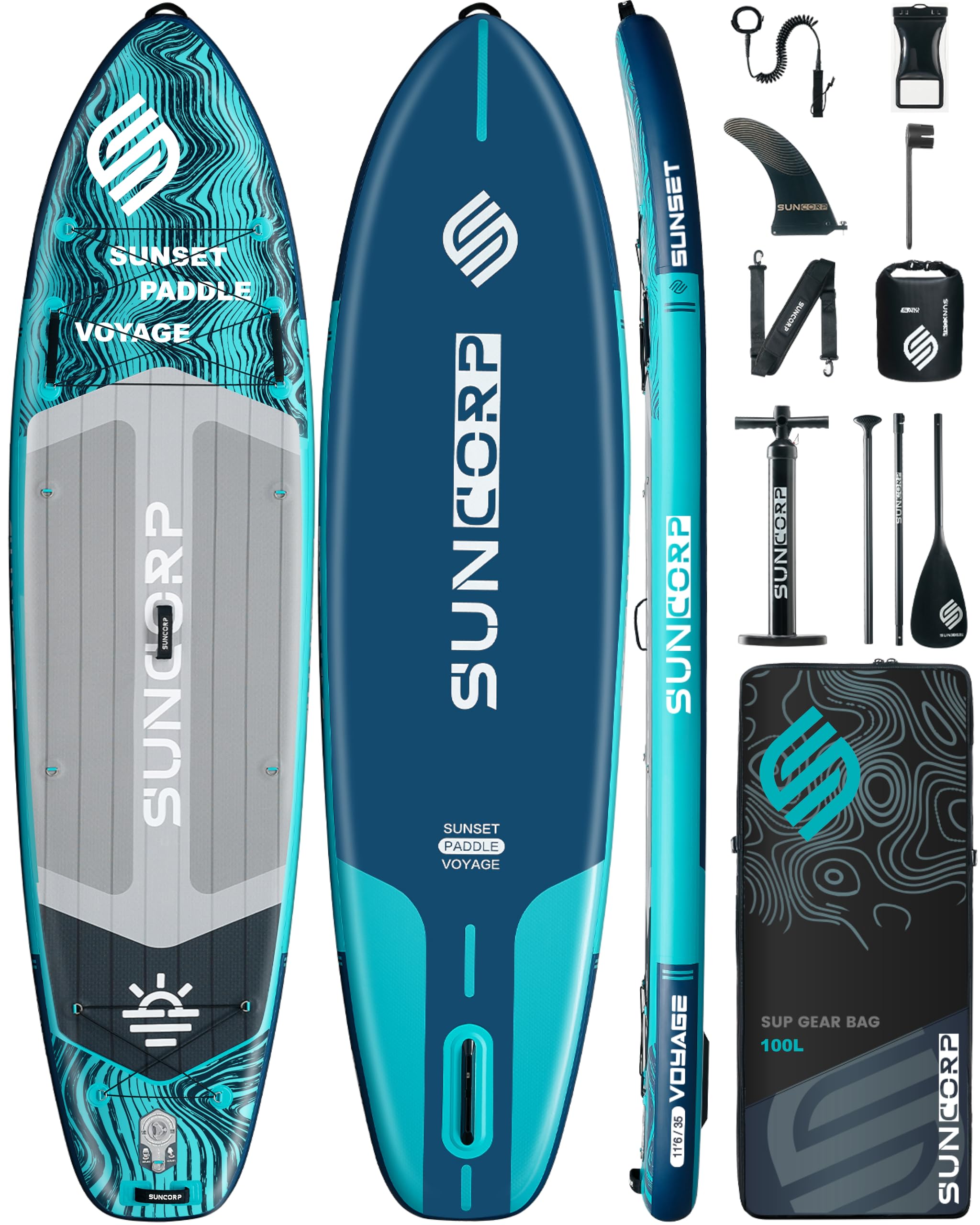 Suncorp 11.6'x35'' Inflatable Paddle Board, Extra Wide Stand-up Paddleboards, 450lbs Capacity, Inflatable SUP, Dual-Action Pump, 100L Backpack, 9 Plus Kits for Family, Fishing, Yoga&All Skill Levels