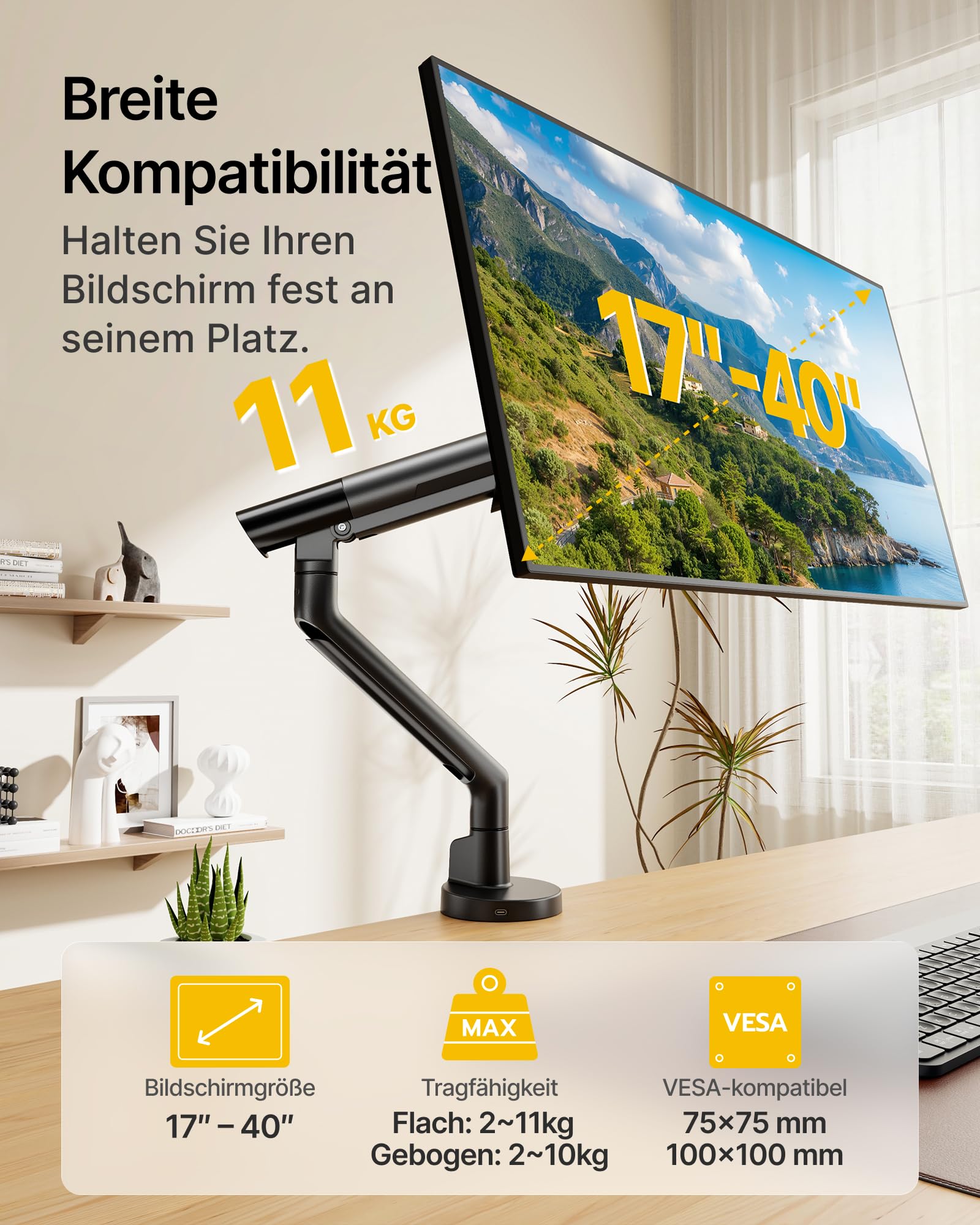 monTEK Bras Écran PC pour Écran 17-40 Pouces avec Hub 2 Ports USB A/C 3.0