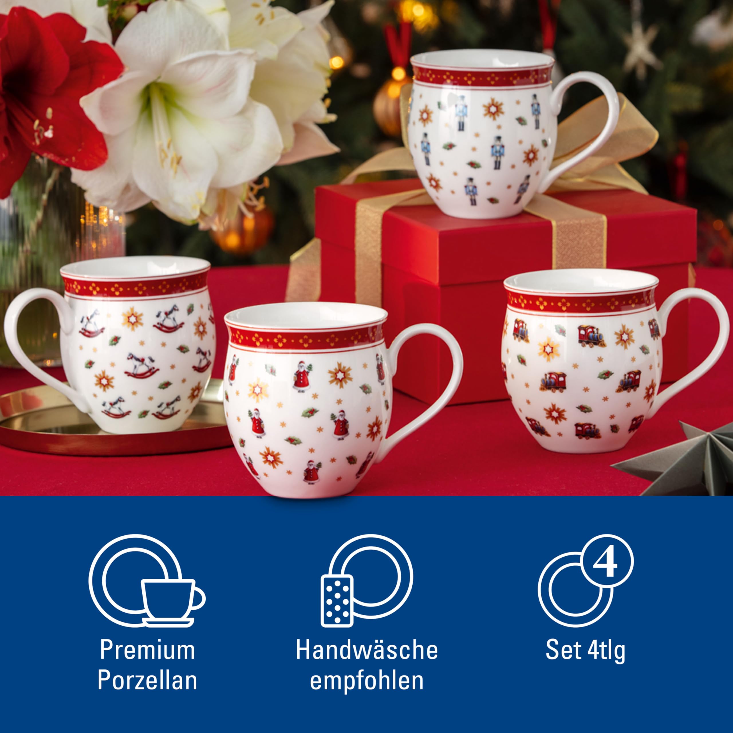 Villeroy & Boch - Toy's Delight Jubiläums-Becher Set 4 Teilig Bunt, Weihnachten, Becher Set für 4 Personen, Kaffeebecher, Kaffeetassen, Weihnachtsmotiv, Weihnachtsgeschirr, Premium Porzellan