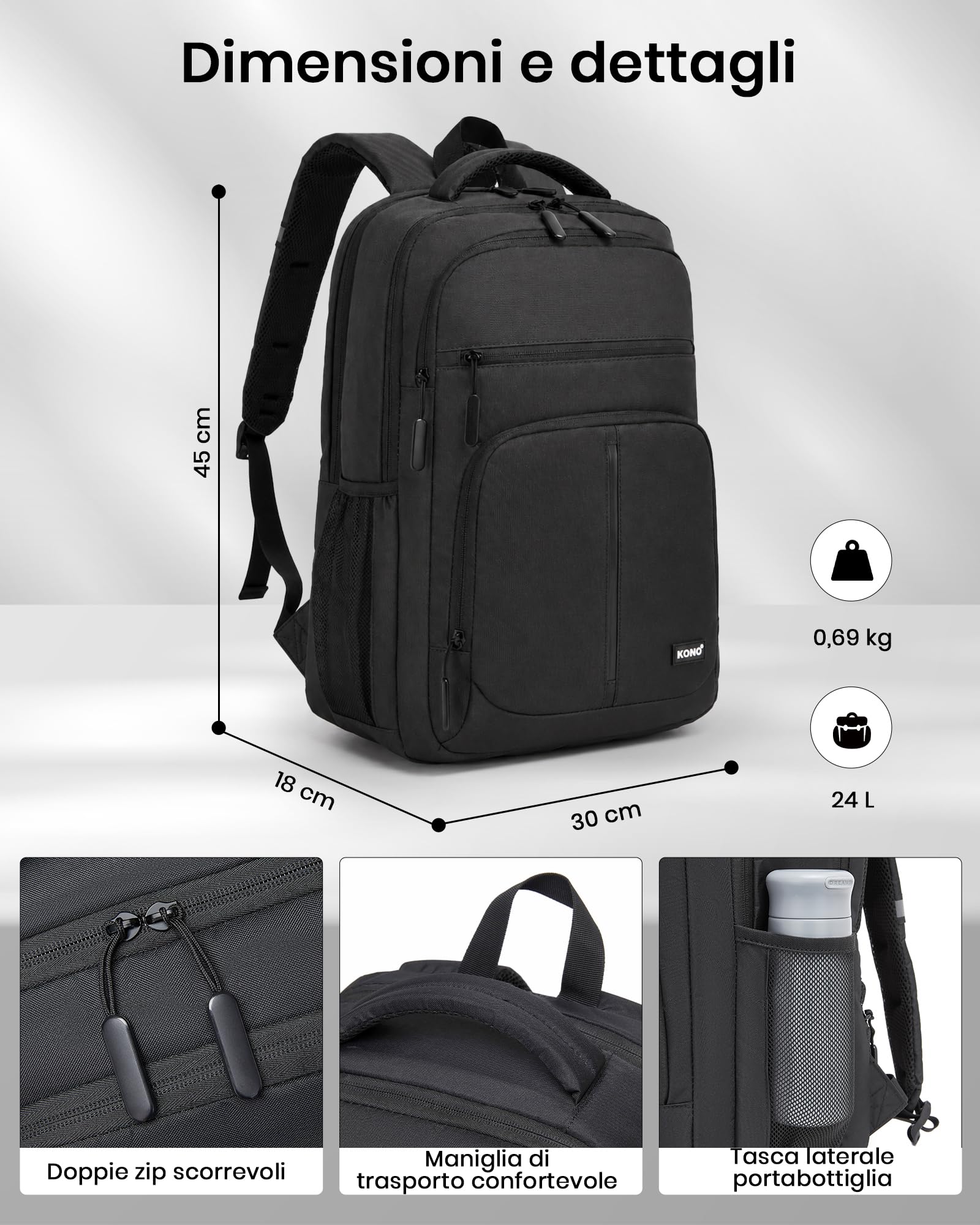 KONO Zaino Porta PC 15,6 Pollici Uomo Donna Business Impermeabile Antifurto con Porta USB, Zaino Laptop da Viaggio per Lavoro Scuola Università - Nero