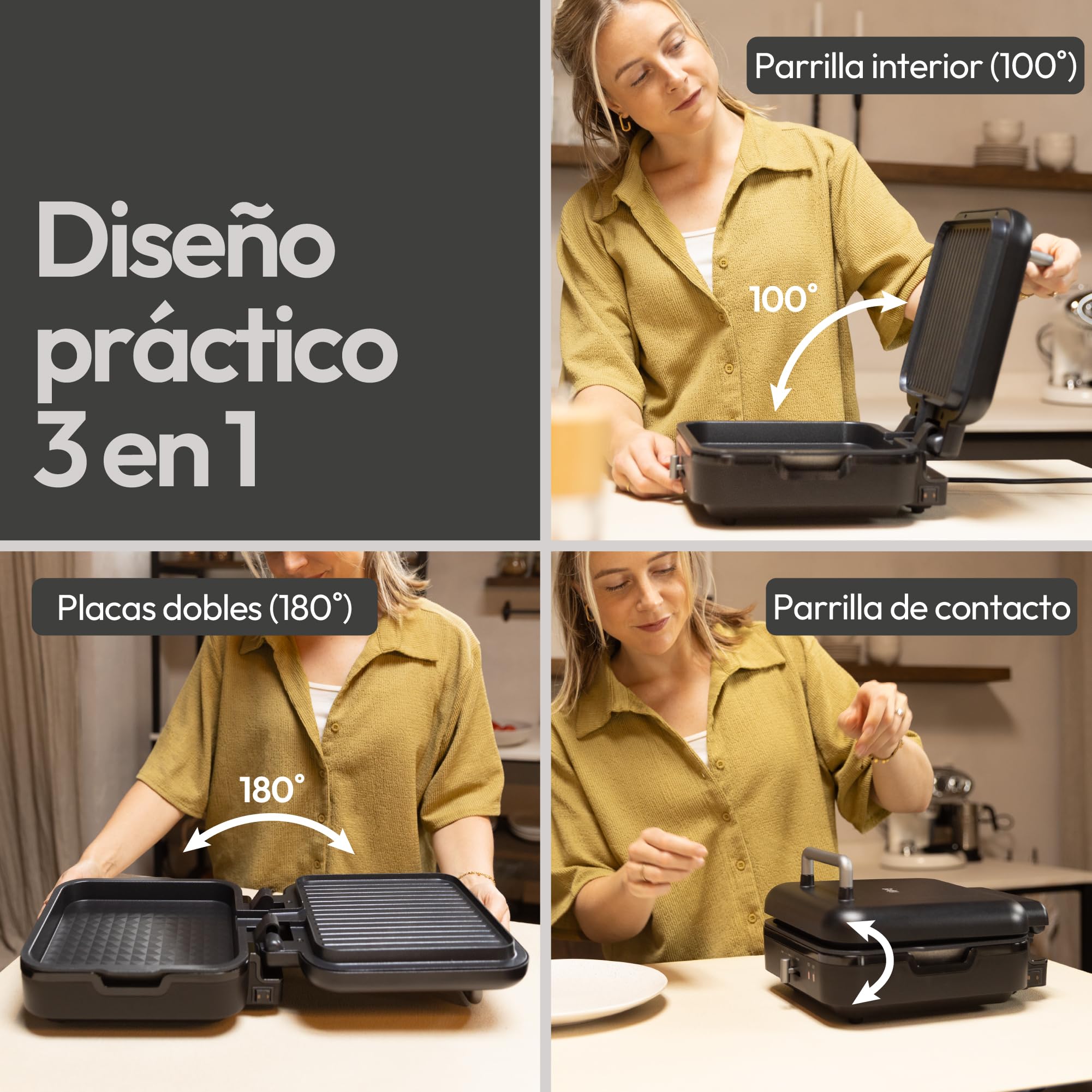 Gadgy 1400W Barbacoa de Contacto 2 en 1 – Base Extraíble – Temperatura Ajustable – Asado Simple y Doble Cara – Antiadherente – Negro Mate/Plata