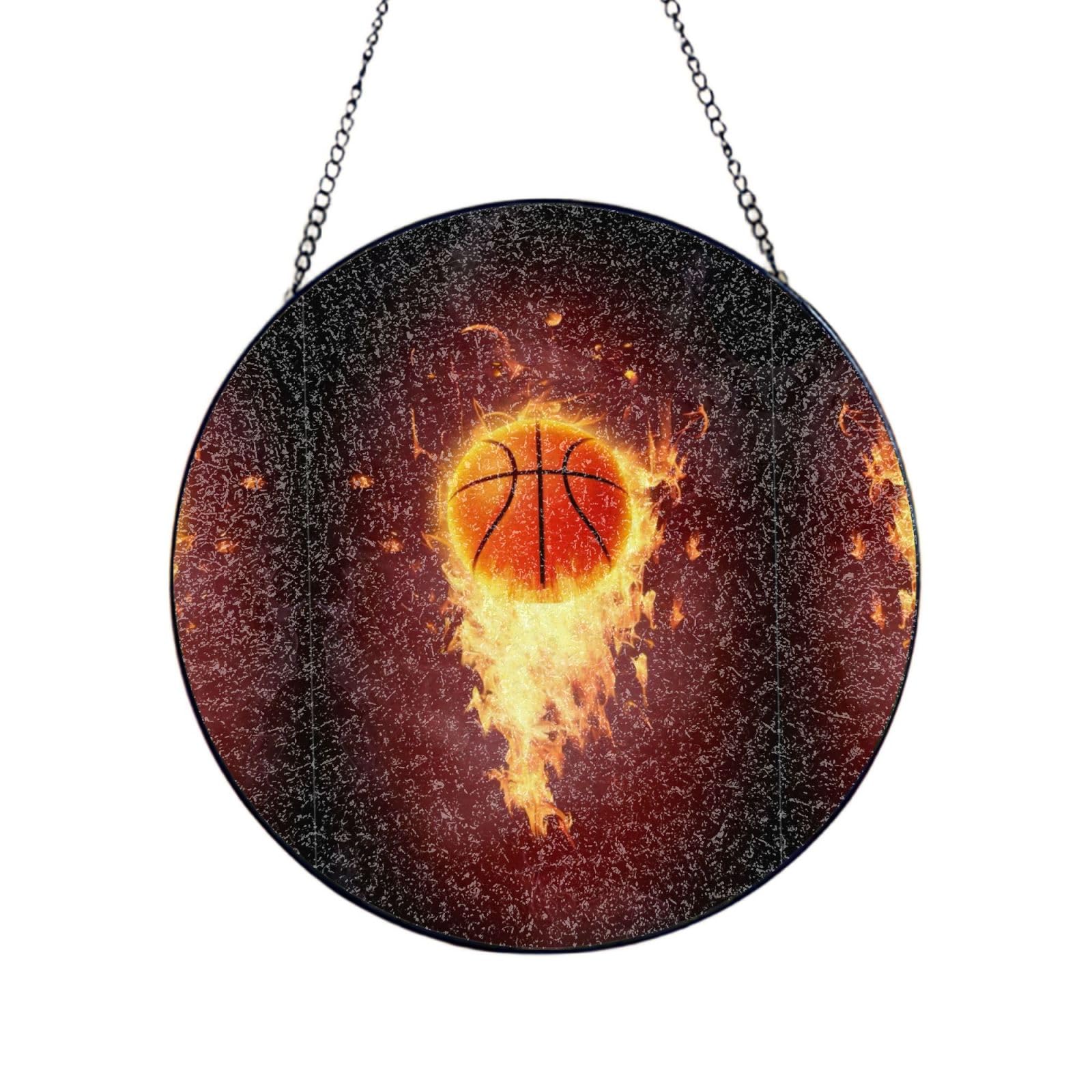 Phayah Fired Up Basketball Print Glass Window Hanging Round Suncatcher Glass Ornament Garden Wall Fence Decorations Indoor Outdoor 12in（30cm）