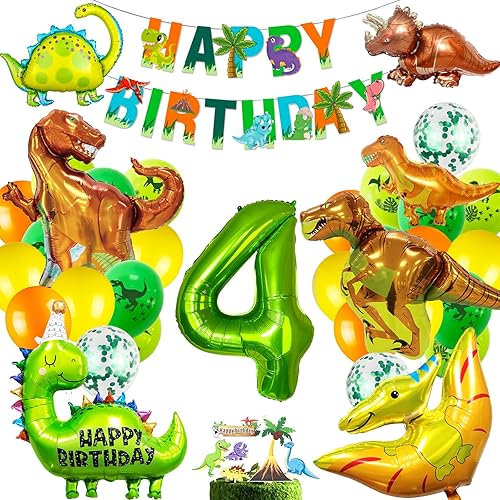 Miniatura 1 de Suministros de fiesta de cumpleaños de dinosaurios, decoraciones de fiesta de dinosaurios, globos de aluminio de dinosaurio de 4 años para niños y