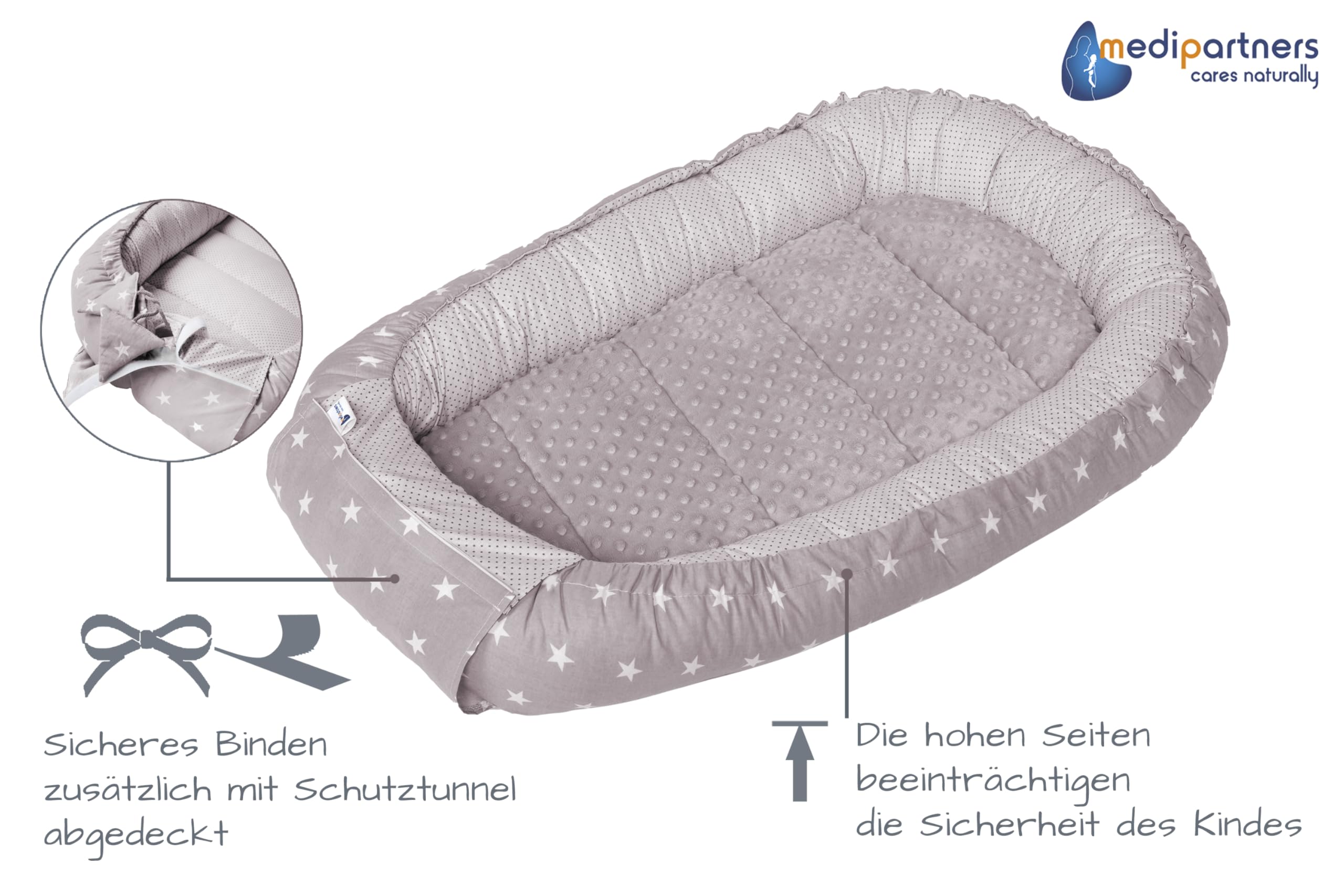 Medi Partners Babynest Nestchen für Neugeborene - 100x60x15 Babynestchen Baby zweiseitg Nest Bett 100% Baumwolle Minky Kuschelnest tragbar (graue Sternen mit graue Minky)