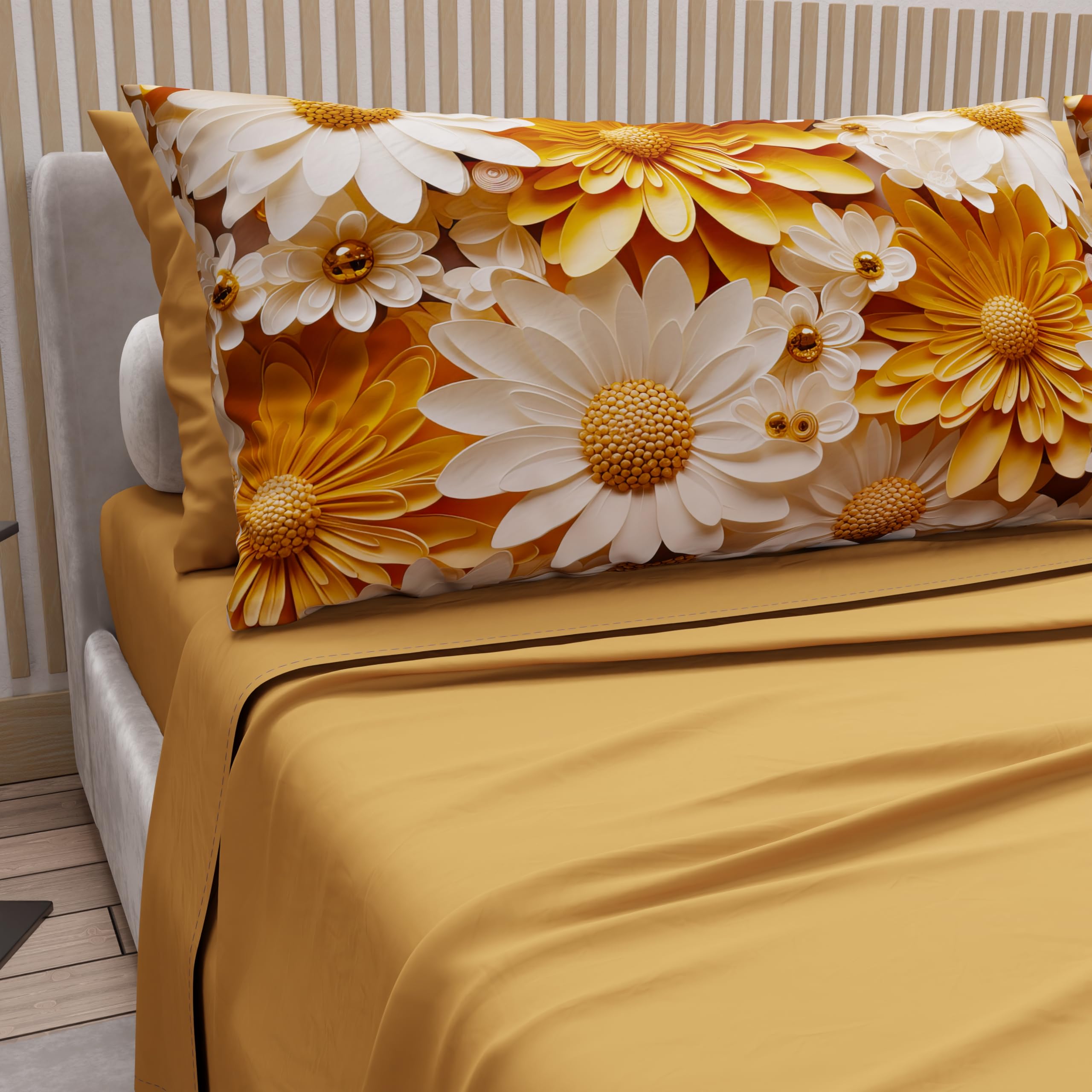 PETTI Artigiani Italiani - Cotton Sheets with Pillowcases in Digital Print, Double Bed Sheet, Floral 2 Ochre Yellow, 100% Made in Italy