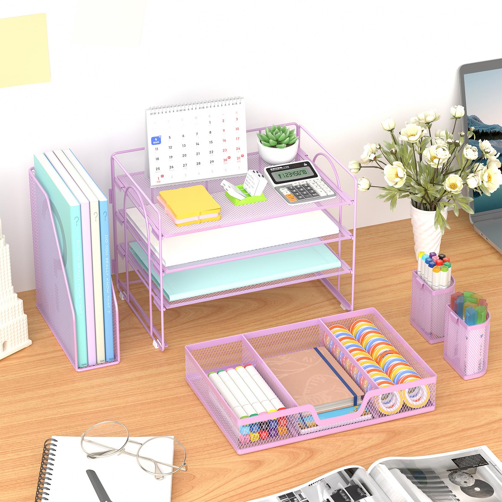 Marbrasse Organizer da scrivania e accessori, organizer per lettere a 4 livelli con porta documenti, accessori da scrivania e spazio di lavoro, organizer da scrivania con cassetto e 2 portapenne, per