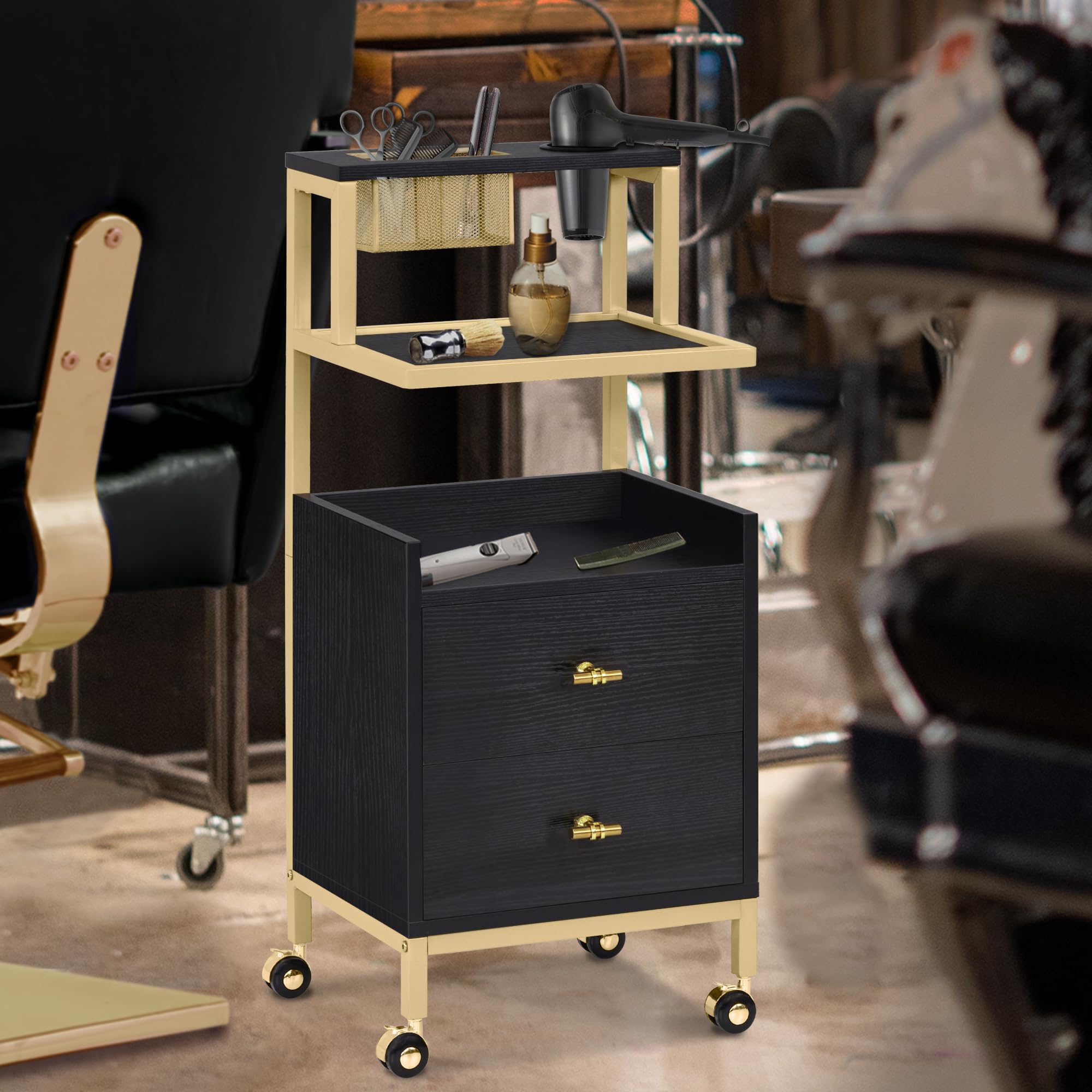 Barberpub Carrello per parrucchieri con ruote e 2 cassetti, carrello di servizio, carrello da salone con 2 ripiani e porta asciugacapelli, carrello da lavoro moderno, 32x37x87cm, 0029 (Nero-oro)