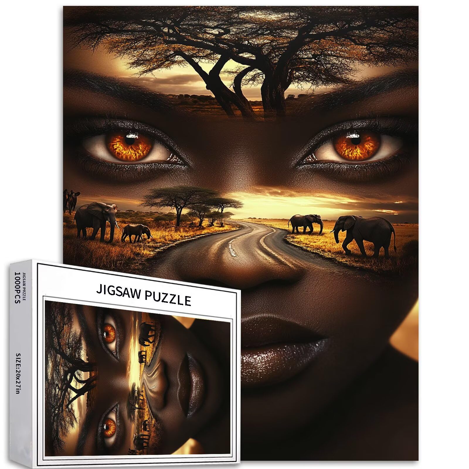 1000 Piece Beautiful African Woman Blends with The Scenery Safari Park Jigsaw Puzzles for Adults Colorful DIY Puzzles for Home Decoration Gifts Family