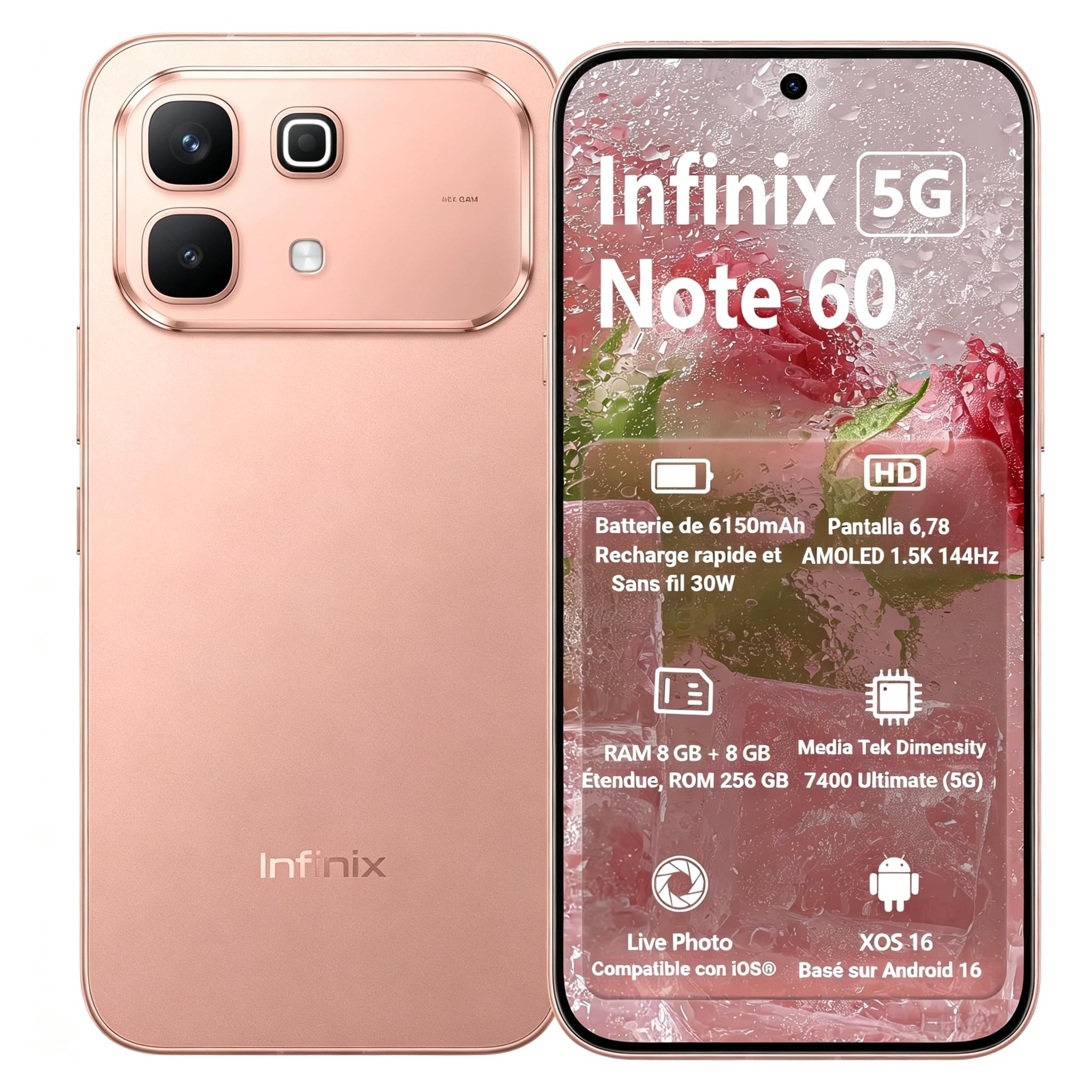 Infinix Note 60 5G 256GB+8GB Ricarica 45W+30W Wireless Dual SIM + eSIM | Schermo AMOLED 144Hz 1.5K 6.78" 4500 nits, Batteria 6150mAh, Fotocamera 50MP OIS, Android 16, Audio JBL, IP64, Oro Rosa