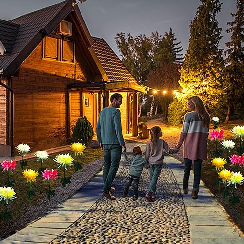 Miniatura 2 de Luces solares de estaca de jardín para exteriores, paquete de 3 luces LED decorativas impermeables con flores de crisantemo para caminos, pasarelas,