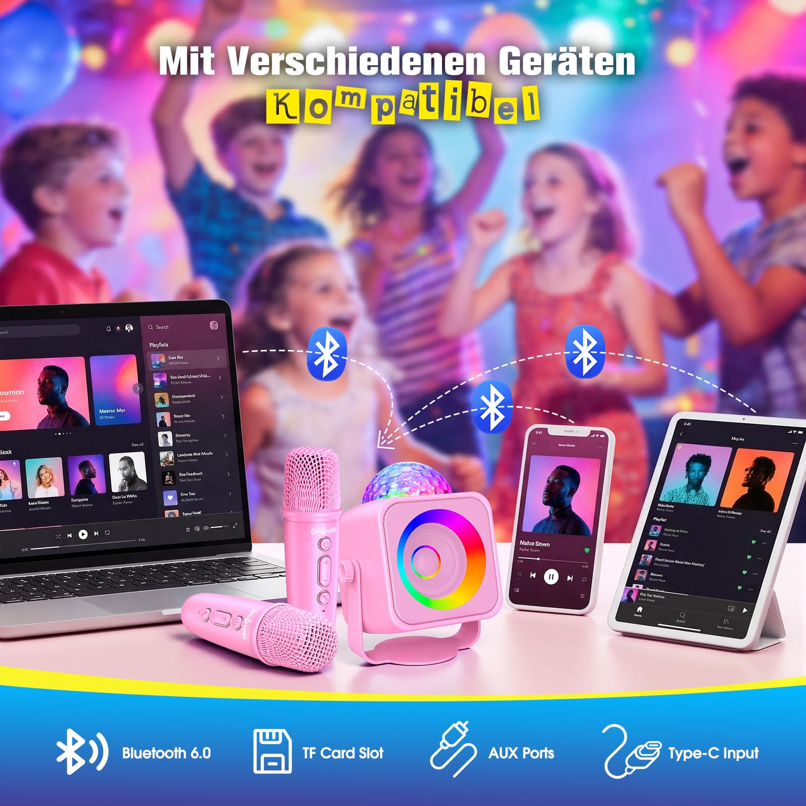 Dislocati Micro Karaoke Enfant Adulte, Jouet Fille 5 6 7 8 9 10 11 12 Ans 2 Micro avec Lumières LED Disco et Support Amovible Cadeau Anniversaire Fille 3-15 Ans Enfant pour Chanter Fill e Rose