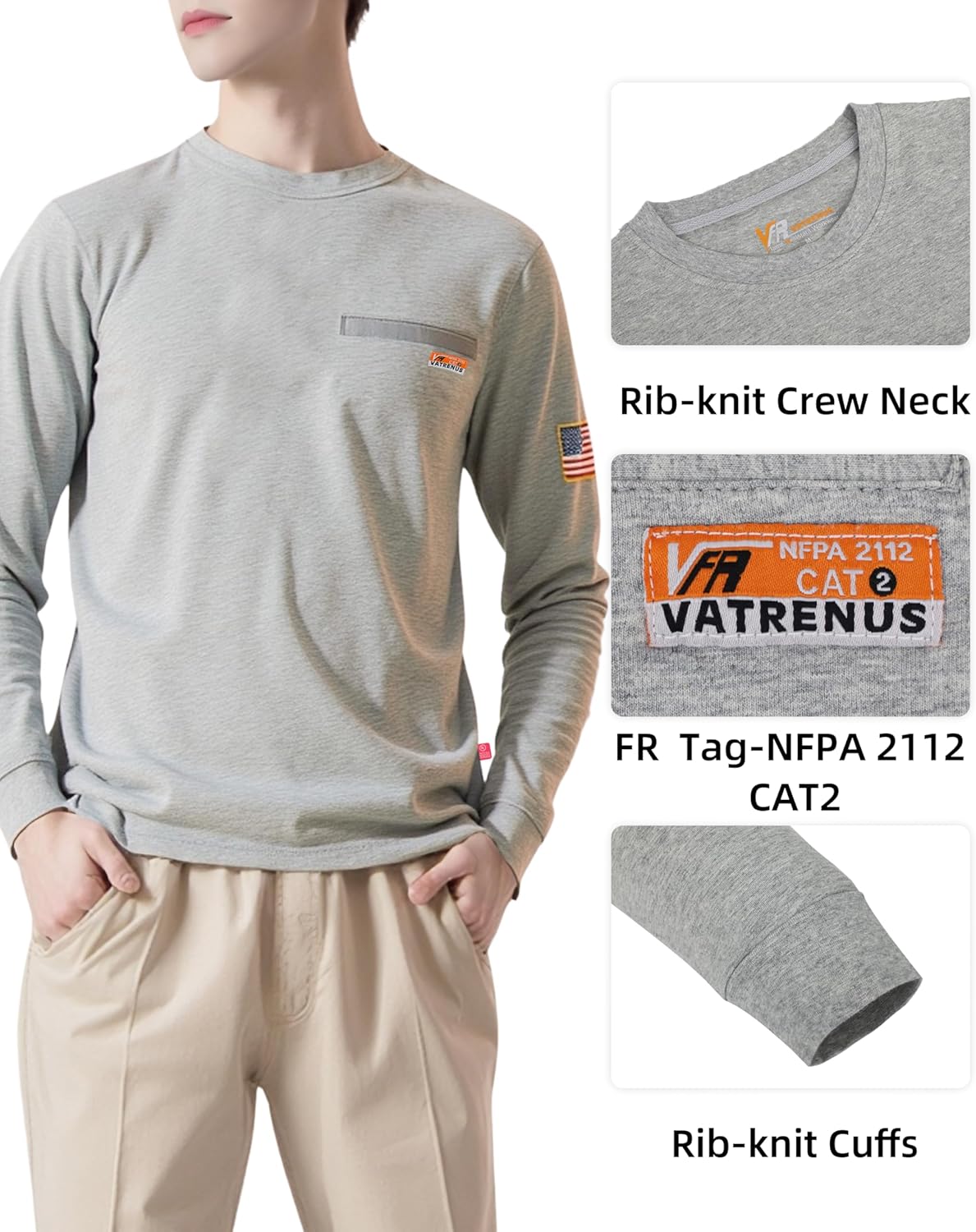 VATRENUS FR Shirt for Men Crewneck Midweight Utility Pocket Fire Resistant Long Sleeve Work Shirts NFPA2112 CAT2 - Image 3