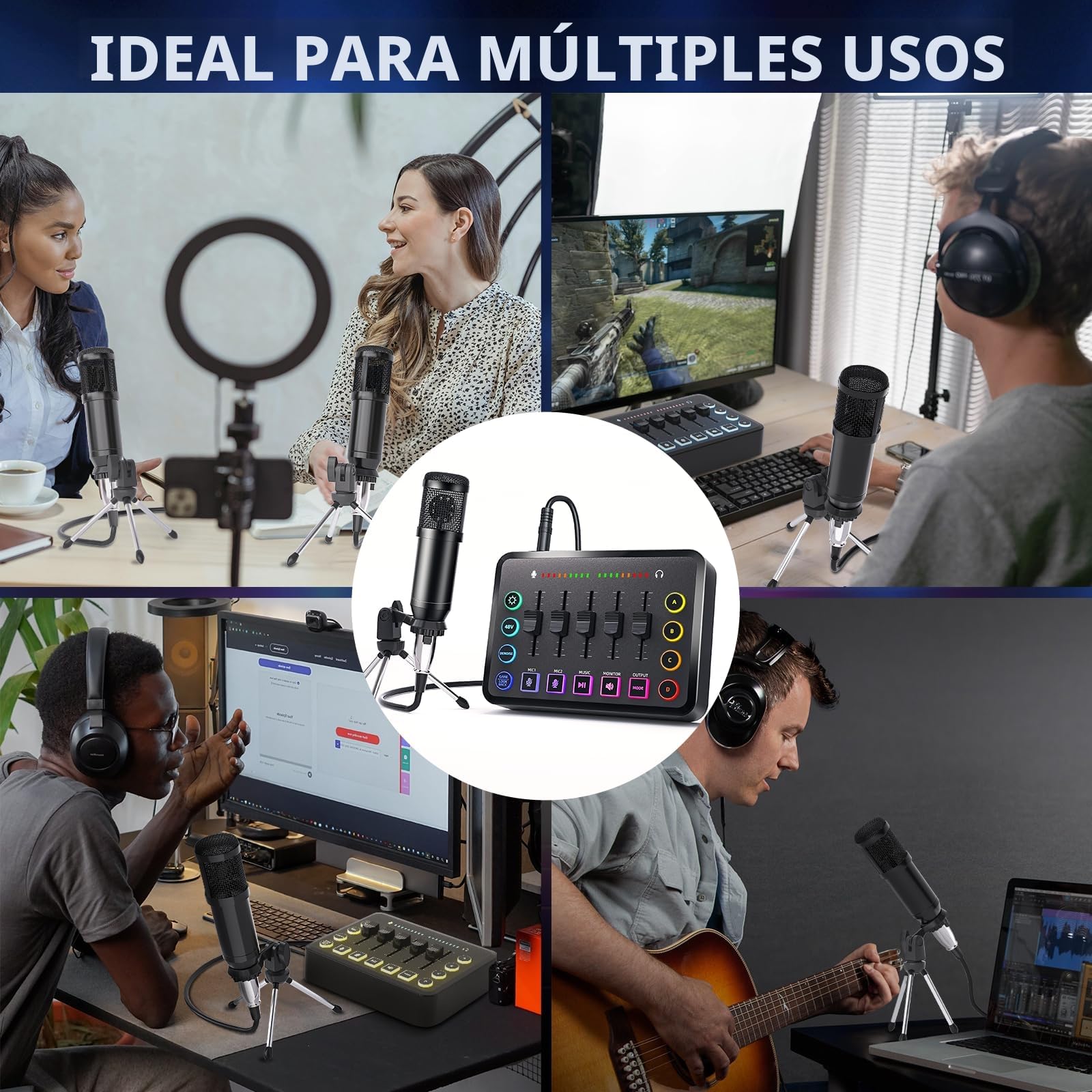 Paquete de dispositivos de podcast, tarjeta de sonido de transmisión en vivo con micrófono de condensador, adecuado para grabación de podcast y producción de video