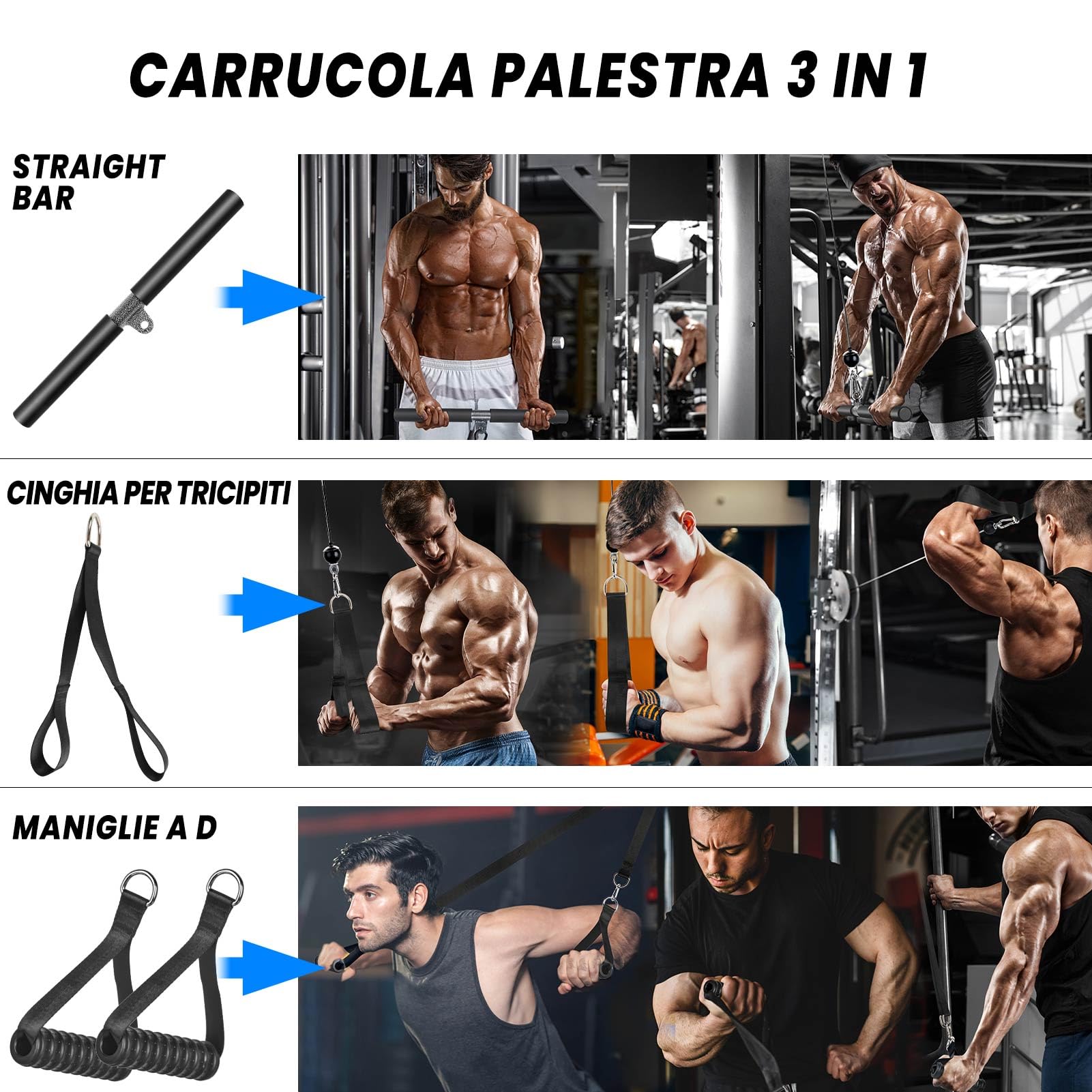 Carrucola Palestra Attrezzatura per Casa, 3 in 1 Lat Machine Palestra Casa con Maniglie Barra per Cavi Incrociati, Fitness Home Gym Accessori Bicipiti Tricipiti Corda Puleggia