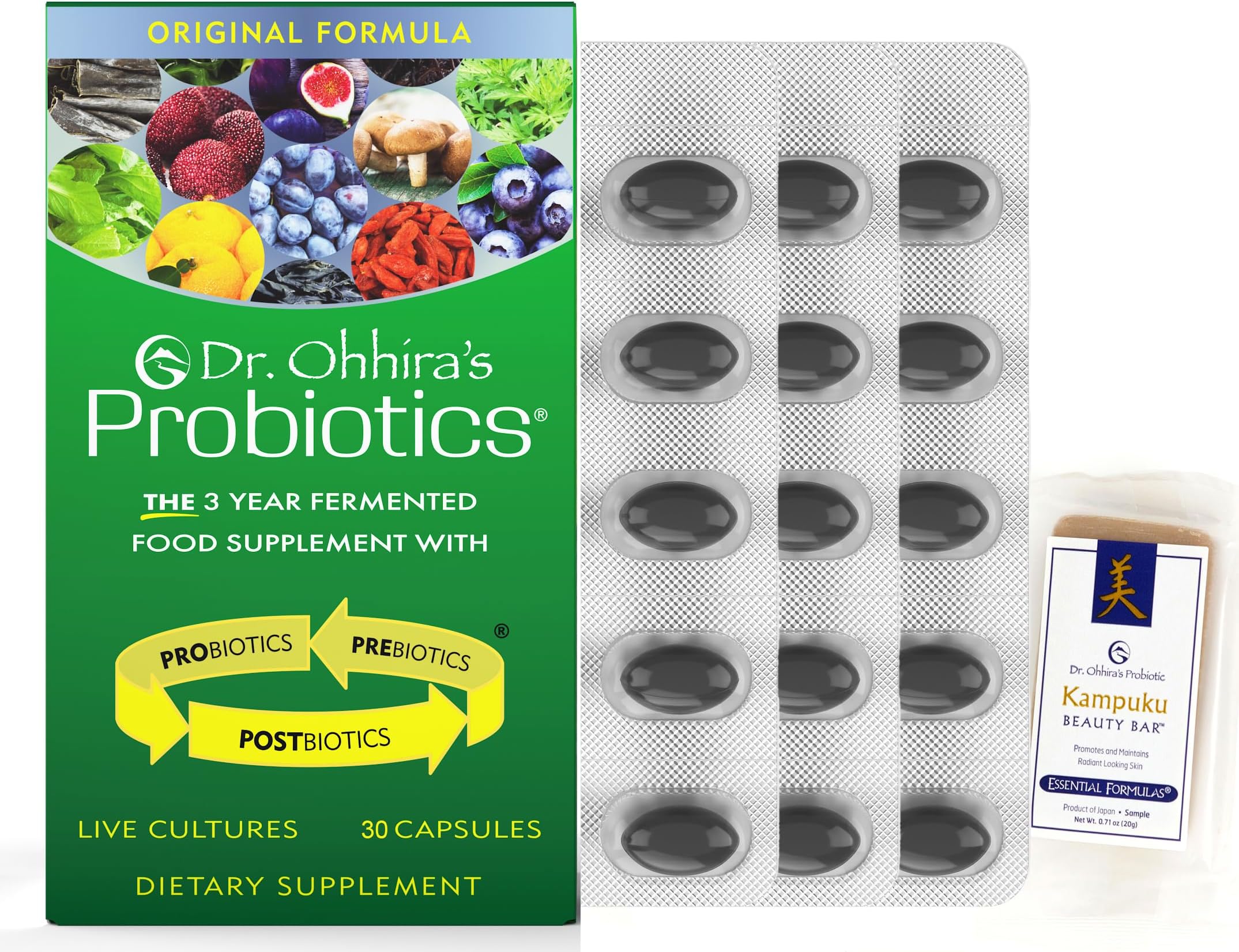 ESSENTIAL FORMULAS Dr. Ohhira's Probiotics Original 30 Caps with Bonus Probiotic-Enhanced Beauty Bar Soap Travel Size 20g