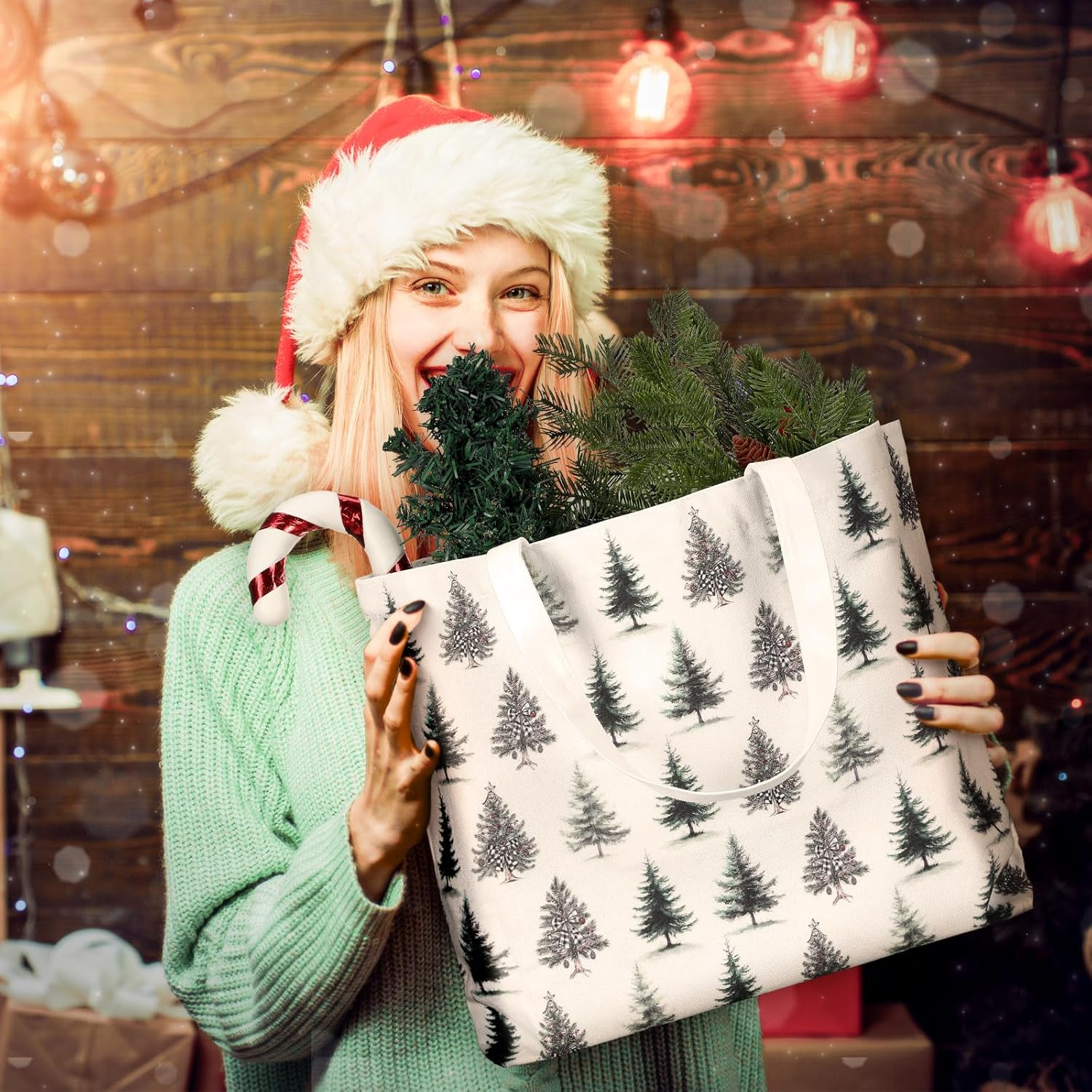 Bencailor 6 Pcs Christmas Canvas Tote Bags Reusable Merry Xmas Tree Aesthetic Grocery Shopping Gift Bags for Women Xmas Gifts (Christmas Tree and Deer,Green) - Image 6