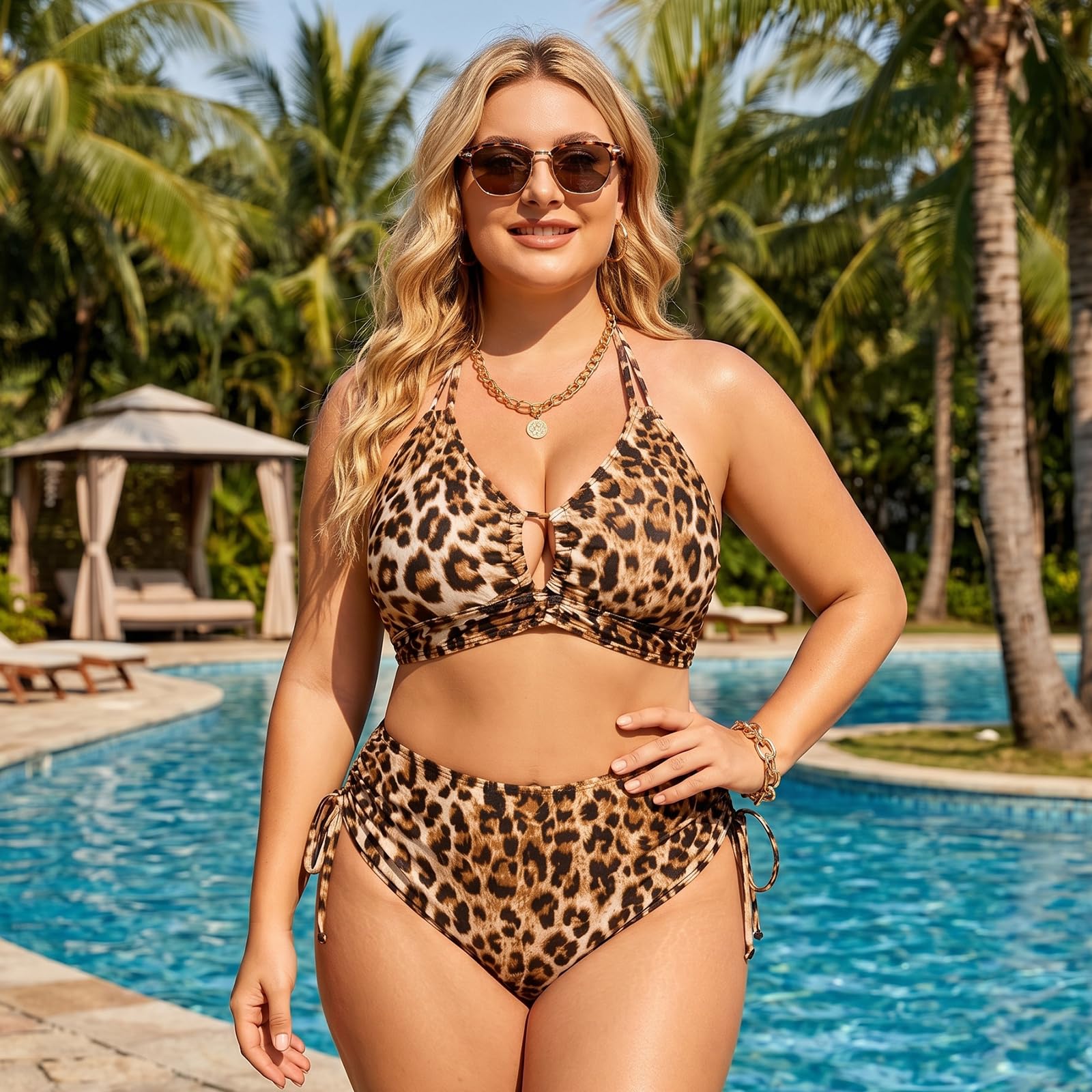 Bikini Set Damen Grosse Grössen Leopard Push Up V-Ausschnitt Bikini Top Große Brüste High Waist Bauchweg Zweiteiliger Badeanzug Set Plus Size mit Verstellbaren Trägern für Strand Urlaub Curvy Bademode